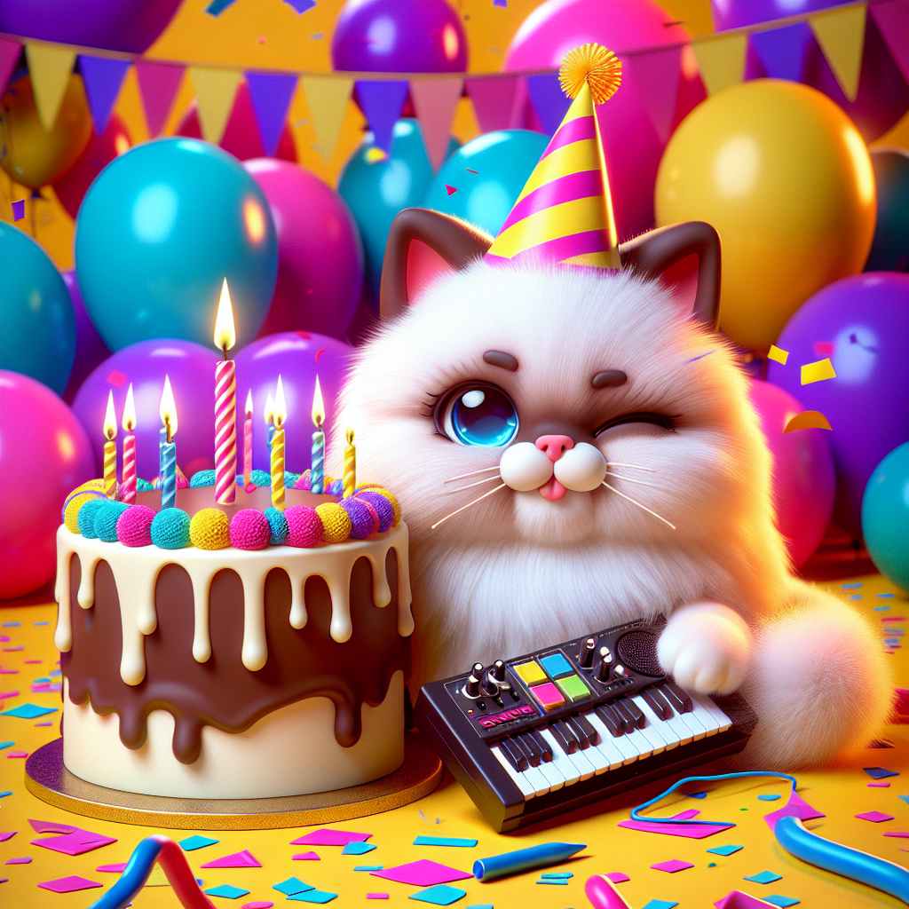 A vibrant, cartoon-style birthday scene unfolds, complete with a background festooned with balloons and confetti. Taking center stage is a white ragdoll cat adorned with a party hat, its eyes winking in a playful manner. The cat holds a diminutive synthesizer, from which musical notes seem to emerge. Next to the cat is a birthday cake fashioned from chocolate, the cake's design subtly suggestive of a curvaceous figure, reflecting the playful and slightly cheeky theme of the celebration.
Generated with these themes: Synthesiser , White ragdoll cat, Boobs, and Chocolate.
Made with ❤️ by AI.