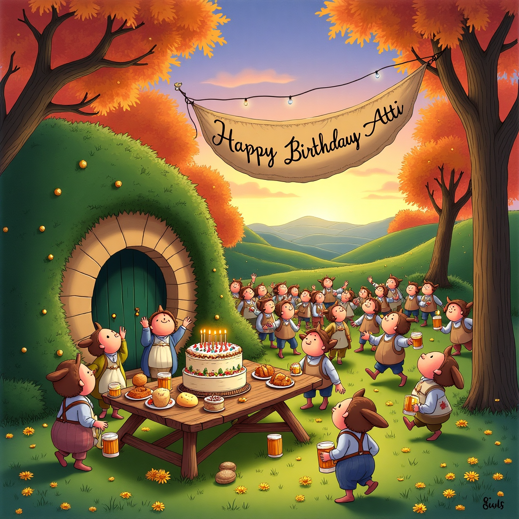 In the foreground, create a bustling and jovial hobbit birthday celebration set against the picturesque backdrop of the Shire. Central to the scene is a charming hobbit hole, with its iconic round, green-painted door set into a lush, grassy hillside. Vines of ivy gracefully drape around the entrance, dotted with tiny, bright yellow flowers.  Clustered around a long, rustic wooden table laden with a feast fit for a hobbit, including a large cake adorned with colorful icing and topped with lit candles. The cake displays the name “Atti” in whimsical, frosting script. Platters of assorted pies, loaves of fresh bread, wheels of cheese, and mugs of frothy ale spread across the table.  Hobbits, drawn in a style reminiscent of Quentin Blake, are depicted in various stages of celebration: some with arms raised, others clinking mugs, and a few dancing barefoot on the verdant grass. They wear simple, earthy-toned clothing, with suspenders and hats tossed in the air in exuberance. Their expressive faces are filled with delight and mischief.  In the background, add a scenic panorama of rolling hills, dotted with trees whose leaves are beginning to turn shades of amber and rust. The sky is a soft gradient of twilight, with hues of lavender and coral, and scattered with wispy clouds. Fireflies twinkle in the air, adding a magical glow.  Hanging between two trees is a hand-painted banner made from stitched-together fabric patches, inscribed with "Happy Birthday Atti” in cheerful, hand-lettered script. A couple of hobbit children are attempting to pin a bright tail on a paper donkey attached to the side of the hobbit hole, bringing in a playful, timeless element.  Incorporate a sense of detail and texture in the illustration, from the gentle wrinkles in the hobbits' clothing to the delicate petals of the wildflowers, echoing the style of Arthur Rackham. The scene is teeming with life, every corner brimming with carefully crafted details that invite the viewer to linger and explore. Birthday Card