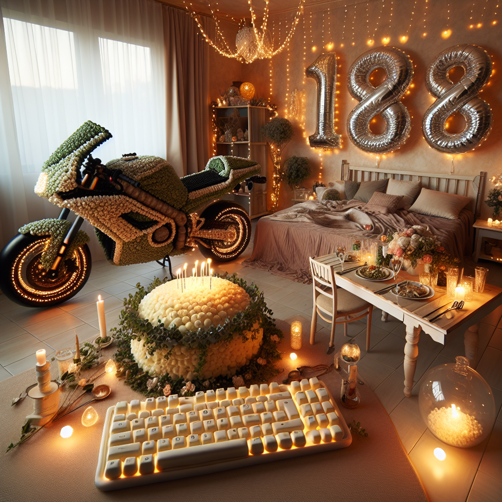 Create an image of an 18th birthday celebration in a room decorated with soft, natural hues and tiny fairy lights casting a gentle glow. There is a life-size motorbike replica in one corner, impressively crafted entirely from balloons. A cozy bed filled with plush pillows provides a lounge area for guests. The dining table showcases a culinary sculpture centerpiece: a lush mound of creamy mashed potatoes decorated with sprigs of fresh herbs. A computer keyboard-themed cake, equipped with intricate icing keys, serves as a quirky homage to the birthday celebrant's interest in technology. The overall atmosphere is warm, welcoming, and festive.
Generated with these themes: 18, Bed, Motorbike , Mashed potatoes , and Computer keyboard .
Made with ❤️ by AI.