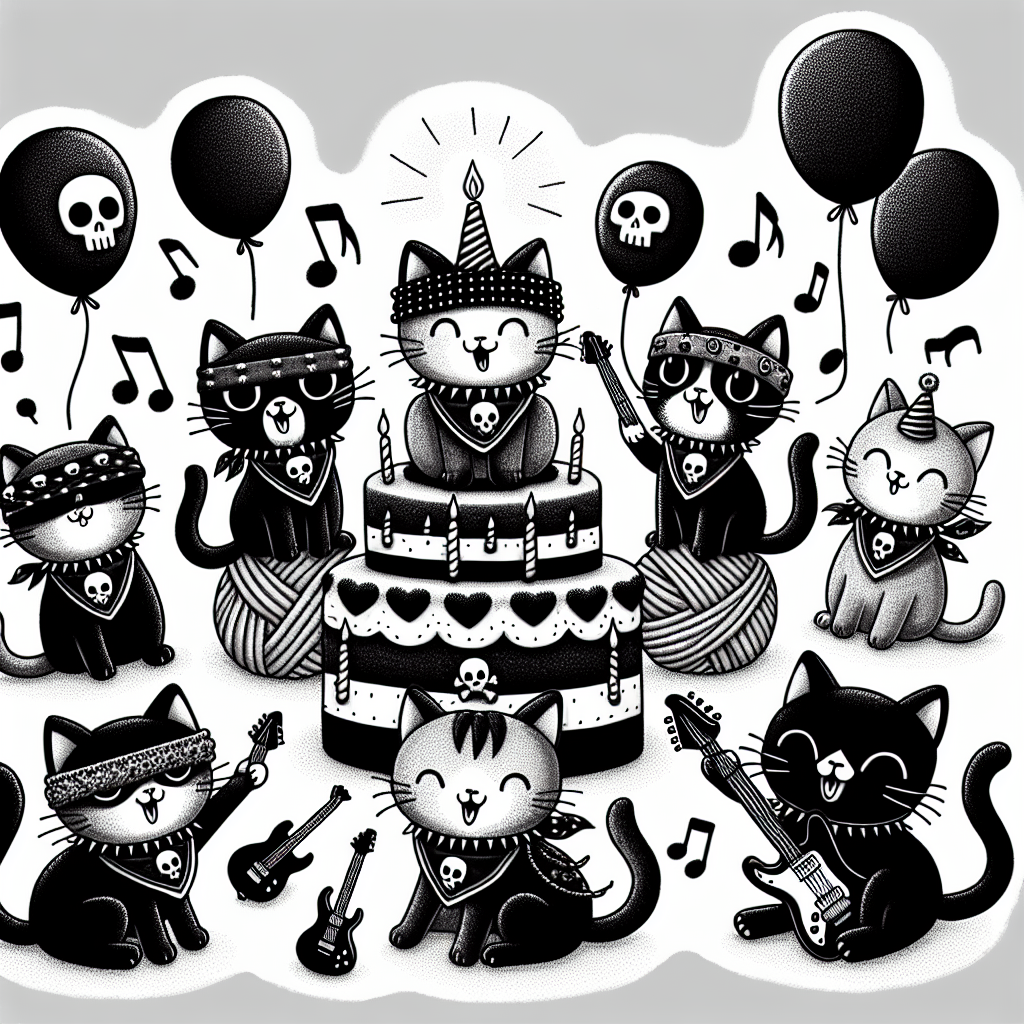 Generate a cartoon-style image of a birthday setting where playful cats, each wearing a black leather collar, are entangled in soft crochet yarn. These cats express love for music, some wearing bandanas with skulls. Elements of heavy metal are sprinkled throughout the scene, including tiny electric guitars and gothic-style birthday balloons, dominated by a black color scheme. The birthday cake in the scene is cleverly shaped like a guitar, consolidating the theme in a cute, yet rebelliously stylish manner.
Generated with these themes: Cats, Crochet, Heavy metal music, and Black.
Made with ❤️ by AI.
