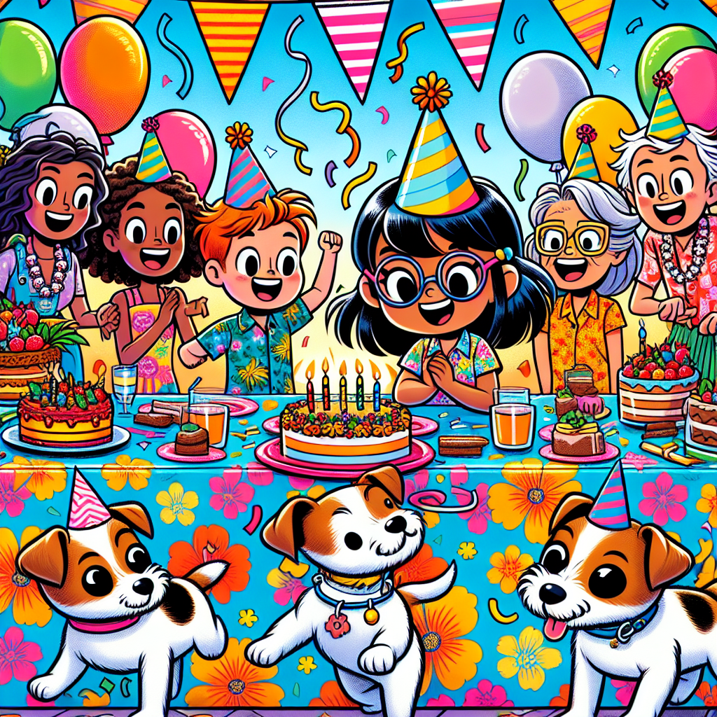 A delightful cute cartoon birthday scene unfolds with playful comic illustrations scattered across vibrant tablecloths bearing a Hawaiian shirt pattern. Energetic Jack Russell terriers, adorned with festive party hats, frolic among the guests. The guests comprise a diverse group including a South Asian female child, a Hispanic male toddler, a Middle Eastern elderly woman, a Black teenage girl, and a Caucasian adult male. Balloons and streamers dance in the breeze overhead, crafting a jovial and whimsical atmosphere.
Generated with these themes: Comics , jack Russell's , Hawaiian shirts.
Made with ❤️ by AI.