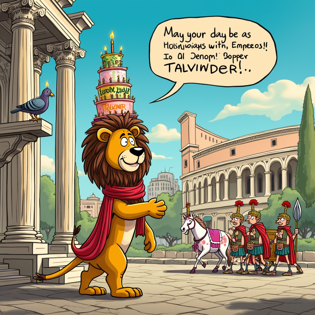 In a vibrant and whimsical cartoon scene set against a lively depiction of ancient Rome, the front cover of Talvinder's birthday card bursts with humor and creativity. In the foreground, a friendly, toga-wearing cartoon lion stands on his hind legs, balancing an oversized birthday cake with multiple tiers atop his mane. The cake is a comical rendition of the Colosseum, each layer adorned with tiny candles shaped like Roman gladiators. Above this amusing spectacle, a playful speech bubble emerges from the lion's mouth, exclaiming, "Happy Birthday, Talvinder!"

To the left, a pair of mischievous cartoon pigeons, reminiscent of Bill Watterson's expressive style, perch on the arm of a statue resembling Julius Caesar. These cheeky birds wear miniature laurel wreaths and hold a scroll unfurled in their beaks. The scroll reads, "May your day be as legendary as Rome!"

In the background, the iconic silhouette of the Roman Forum can be seen, but with a twist. The ancient columns are cleverly transformed into oversized candles, each one flickering with a cartoonish flame that spells out "Talvinder" in bright, colorful smoke, capturing the playful essence of a scene straight from Osamu Tezuka’s vibrant worlds.

A procession of cartoon Roman soldiers marches along a cobblestone path, carrying oversized party poppers instead of spears, adding a touch of The Far Side's humor. They are followed by a chariot being hilariously pulled by a pair of googly-eyed unicorns wearing sandals, drawing inspiration from the surreal and humorous flair of Gary Larson.

Above, in the clear blue sky, a group of playful clouds gather, artfully forming a banner that reads, "Celebrate Like an Emperor, Talvinder!"—a nod to the whimsical storytelling of Winsor McCay. This delightful detail completes the lively and entertaining scene, ensuring Talvinder's birthday is celebrated with an unforgettable Roman twist.
Generated with these themes: Rome sites.
Made with ❤️ by AI.