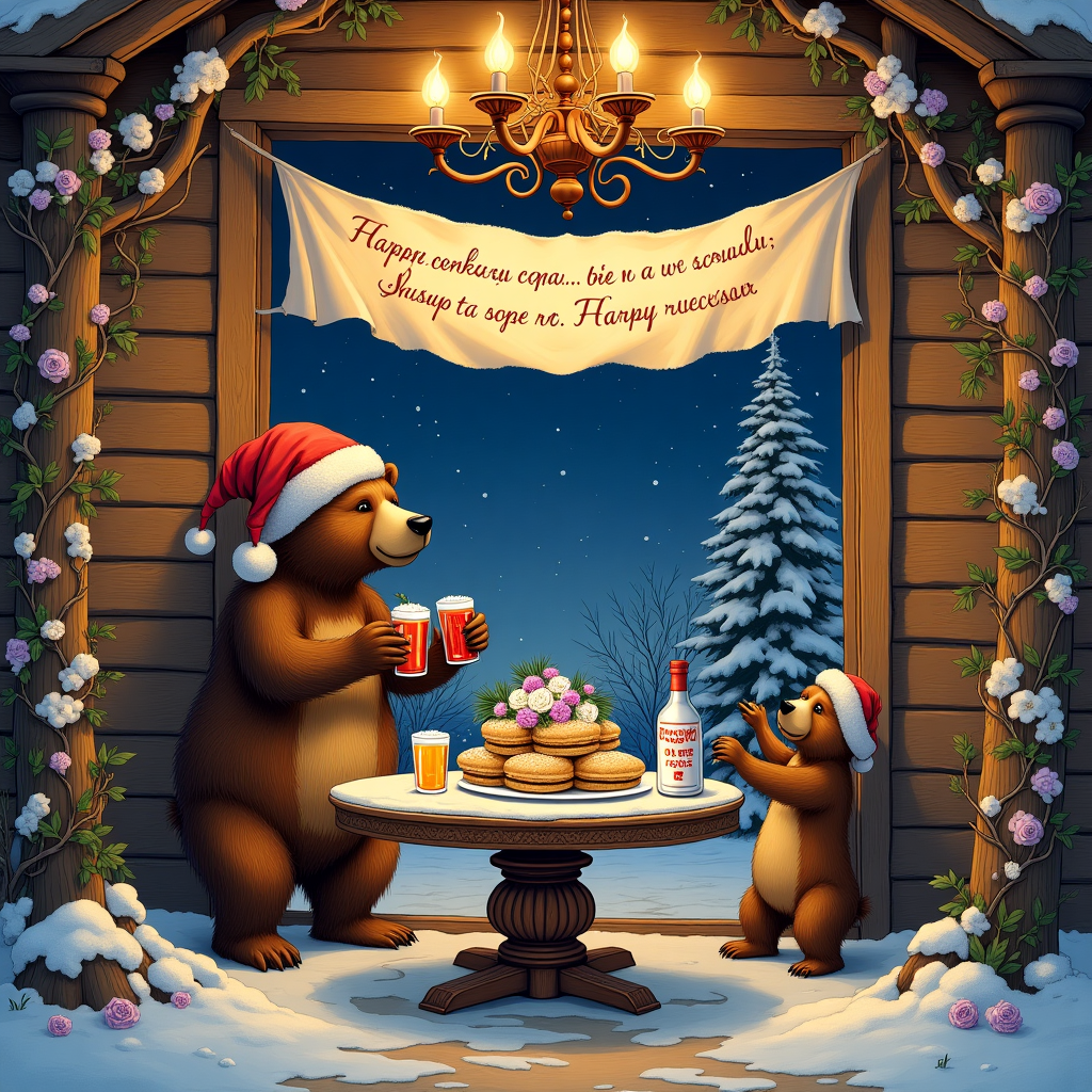 In the center of the greeting card, picture an elaborate, hand-drawn illustration bursting with detail and eccentricity, akin to a whimsical tableau. The scene is set in a cozy, quintessentially Russian dacha, with a quaint wooden facade, snow gently blanketing the roof and window sills, offering a crisp contrast to the deep purple evening sky.

Inside, the warm, golden glow from an ornate, wrought-iron chandelier illuminates the room, casting intricate shadows reminiscent of Aubrey Beardsley’s work. The walls are adorned with traditional Russian floral patterns, with vines of white and purple flowers creeping up, their intricate details meticulously captured like those found in Beatrix Potter's illustrations.

In the foreground, a round wooden table, skillfully carved with Slavic motifs, stands proudly. Atop it, there are two tumblers of vodka, the bottles nearby shaped in a way that brings to mind the whimsicality of Edward Gorey, their labels featuring Cyrillic script. The vodka is accompanied by an assortment of culinary delights - blini neatly stacked, adorned with dollops of sour cream and sprigs of dill, capturing a homely sense in the style of Norman Rockwell.

Adding a dash of humor and 'extra cringe', there is a life-sized, hand-drawn bear in a vibrant Russian ushanka hat, its paws clumsily yet affectionately attempting to arrange a bouquet of white and purple flowers, similar in their illustrative detail to the works of Maurice Sendak. The bear stands on its hind legs, its expression endearing yet slightly comical, evoking the humorous essence reminiscent of Quentin Blake.

Above this scene, a hand-lettered banner unfurls, written in an exaggeratedly swooping and fanciful script, carrying a cheesy and exaggeratedly romantic Russian phrase, with a winking emoji at the end, perfectly blending the traditional with the contemporary, just as Maxfield Parrish might.

In the background, the room is framed by rustic wooden beams and a roaring fireplace, the flames dancing energetically, crafted with a touch of Gustave Doré’s dramatic flair. This cozy nook, filled with eccentric and whimsical details, provides the perfect setting for a truly unique Valentine's Day greeting card cover, where tradition and modernity, humor and art intertwine in an unforgettable display.
Generated with these themes: 😋, White and purple, Flowers, Extra cringe , Something Russian, and Vodka .
Made with ❤️ by AI.