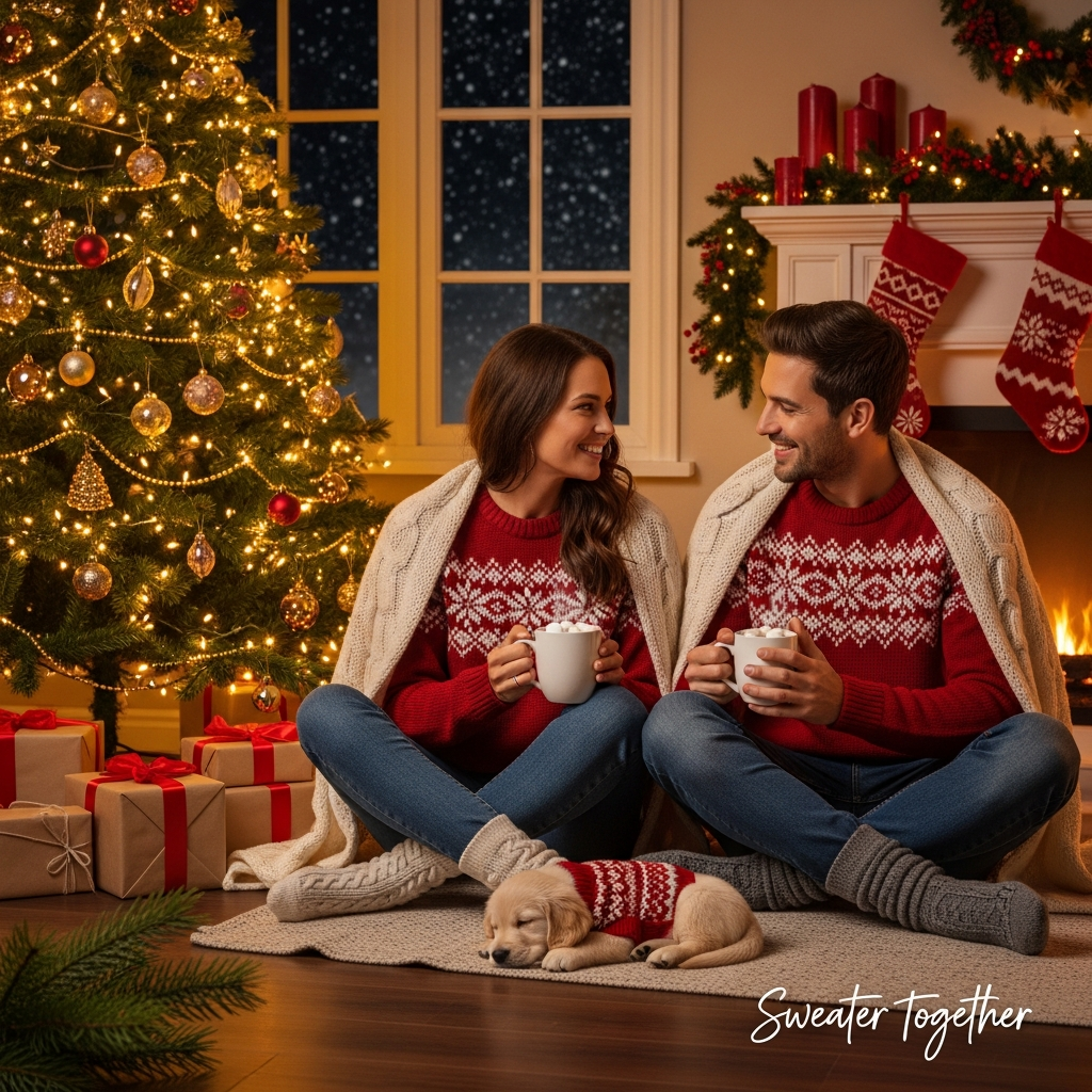 Ultra‑high‑definition 4K photorealistic photograph, cute cozy mood. A warmly lit living room at night: two people sit cross‑legged by a lush Christmas tree in matching red‑and‑cream Fair Isle sweaters and wool socks, sharing a soft blanket and smiling at each other, each holding a steaming mug of hot cocoa with marshmallows. A sleepy golden retriever puppy in a tiny matching sweater curls up at their feet. The tree glows with twinkling fairy lights, glass baubles, and garlands; pine needles sharp in the near foreground; wrapped gifts in kraft paper with red ribbons; stockings on a mantel with a gentle fireplace glow; outside the window, soft snowfall. Camera: full‑frame DSLR, 50mm lens, f/1.8, ISO 400, 1/125s; shallow depth of field with creamy bokeh, lifelike knit textures, realistic skin and hair detail, accurate color and lighting, subtle film grain, high dynamic range. Composition: portrait orientation (4:5), eye‑level, subjects slightly right of center, tree filling the left, inviting negative space. Add one small caption in the bottom‑right in warm white handwritten script: “Sweater Together”. Keep the text subtle and unobtrusive. No logos, no watermarks, no extra text.
Generated with these themes: Sitting by the Christmas tree in matching sweaters , and .
Made with ❤️ by AI.