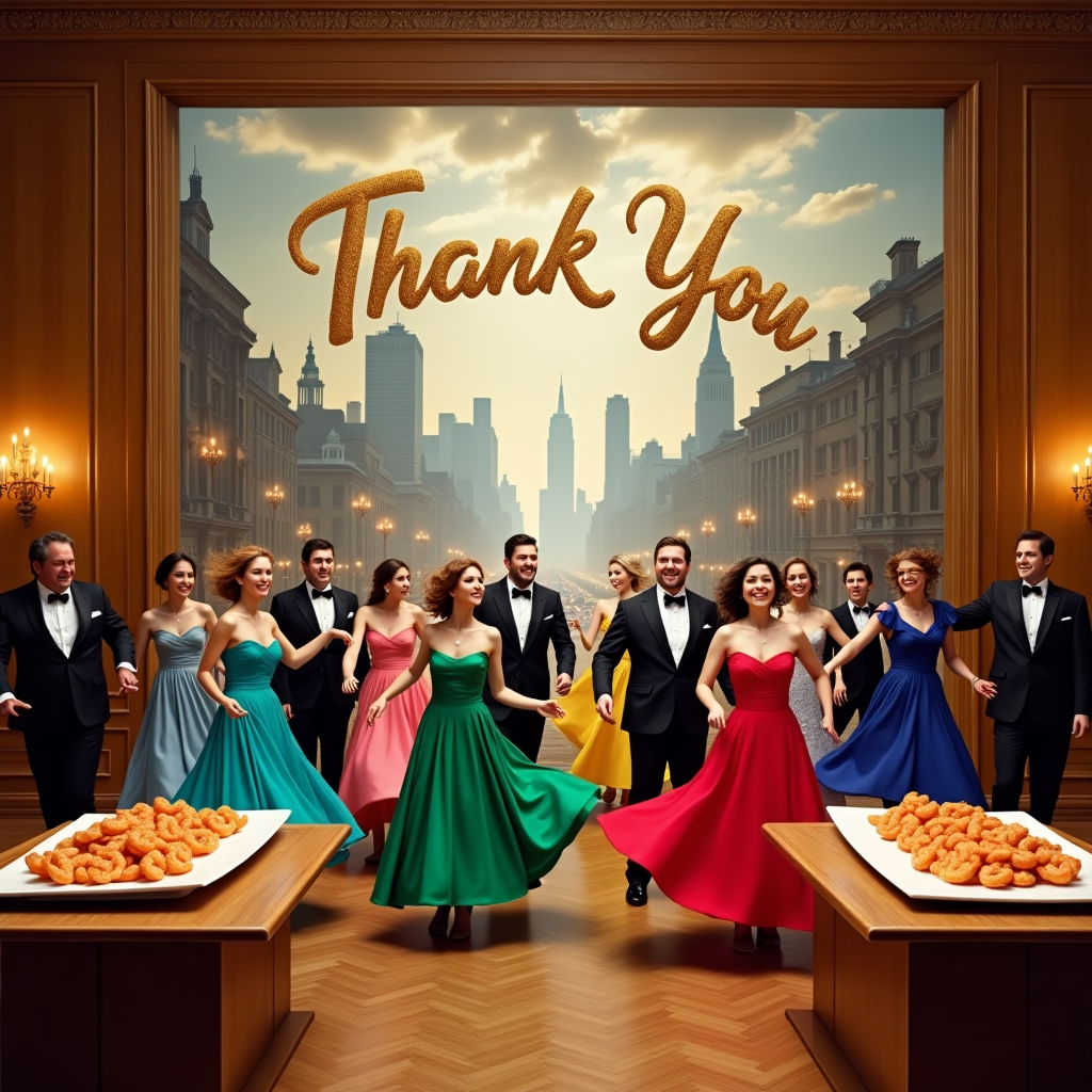 In an elegant, windowless wooden room with intricate oak paneling and polished parquet floors, a vibrant scene unfolds. Here, a lively group of people in a spectrum of colorful formal attire are dancing joyfully. The women twirl in gowns of emerald green, sapphire blue, and ruby red, while the men spin around in tuxedos adorned with bow ties in contrasting colors. Their movements are graceful and spirited, reflecting the joyful occasion. A series of enormous white oblong glass platters, each laden with crispy fried shrimp, are strategically placed on high wooden tables that line the room. Through an ingenious illusion, the room's wall opens up like a magical portal to reveal a bustling closed road in New York. Despite being indoors, the iconic New York skyline is visible, creating a surreal blend of elegance and urbanity. A majestic skyscraper backdrop peaks through, with notable buildings like the Empire State and Chrysler Building artfully etched into the scene. High above the room, suspended from an invisible thread across the ceiling, is an extravagant banner in shimmering gold letters spelling "Thank You." These words float amidst an ethereal cloud-like design painted on the ceiling, ensuring the name stands out prominently in this imaginative and vibrant scene.
Generated with these themes: Dancing in different colored formal attire in an indoor elegant windowless wooden room, A closed road in New York, Enormous white oblong glass platters of fried shrimp, and New york skyline.
Made with ❤️ by AI.