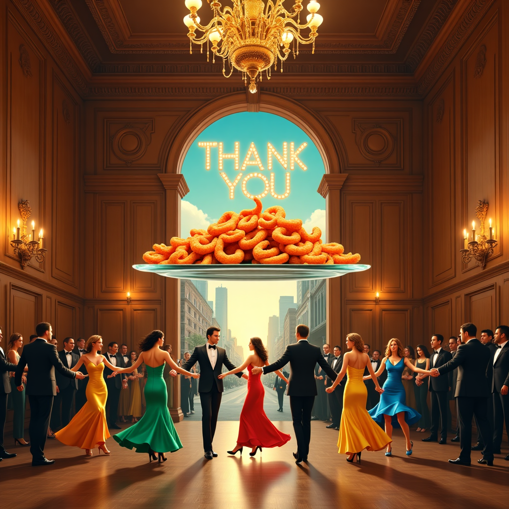 In the imaginative realm of this greetings card, the scene unfolds in an elegant, windowless wooden ballroom with intricate carvings and polished mahogany floors. At the center, a lively group of people twirl in formal attire, their gowns and tuxedos a vibrant spectrum of colors—from emerald green to royal blue and radiant gold—adding a splash of vivacity to the richly paneled surroundings. They dance with exuberance, their joyous movement echoing the rhythm of a distant jazz band. 

Suspended in this unique space is a massive oblong glass platter, as if floating above the dancers, laden with perfectly arranged fried shrimp that glisten under the opulent chandelier light. The glass is translucent, offering a tantalizing glimpse of the golden crustaceans that draw the eyes upward.

In a whimsical twist, through a large, rustic wooden archway at the back of the room, the scene seamlessly transitions to a peculiar yet charming view of a closed road in New York City. The road is deserted, and the usual hustle and bustle of city life is replaced by an unexpected calm. Towering skyscrapers line either side, their glass facades reflecting the New York skyline. High above, the skyline is composed not of the usual clouds but instead intricately crafted out of luminous letters that spell "Thank You," stretching across the sky as if written by an unseen celestial hand. 

The words shimmer gently against the backdrop of a setting sun, casting a warm golden hue over the entire scene, and weaving together this delightful tableau of gratitude with a surreal twist.
Generated with these themes: Dancing in different colored formal attire in an indoor elegant windowless wooden room, A closed road in New York, Enormous white oblong glass platters of fried shrimp, and New york skyline.
Made with ❤️ by AI.