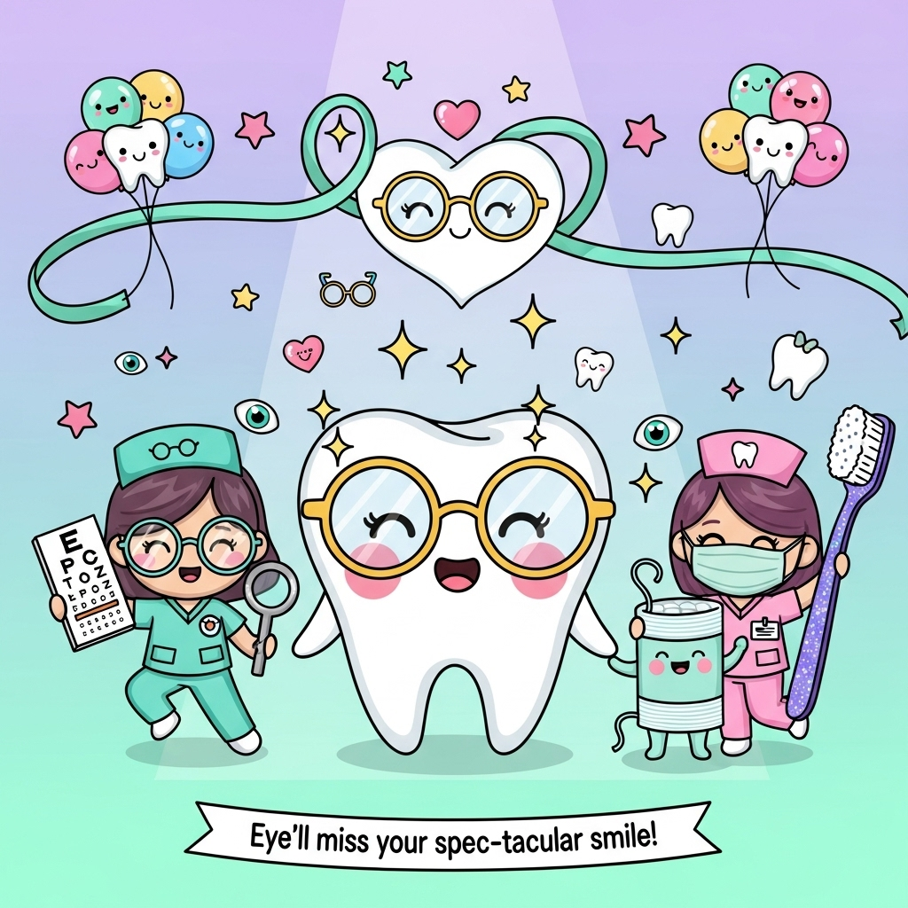 Full-bleed, cute cartoon scene in bright saturated colors with thick black outlines: a giant smiling kawaii tooth with rosy cheeks wearing oversized round glasses stands center, sparkling; to the left, a chibi optical assistant in teal scrubs with a glasses-pin and shiny round frames bounces in an energetic pose, holding a symbol-only eye chart (hearts and circles, no letters) and a trial lens; to the right, a chibi dental nurse in pink scrubs with a tooth badge, mask pulled under chin, hugs a happy floss character and swings an oversized glittery toothbrush like a parade baton; a ribbon of mint dental floss swoops overhead, looping into a heart that morphs into spectacles; floating around them: star confetti, tiny kawaii eyes and tooth icons, sparkles, and balloon clusters shaped like frames and molars; pastel gradient backdrop (mint-to-lavender) with soft spotlight glow; glossy highlights and playful shadows; dynamic, whimsical poses and joyful expressions. Small caption at bottom center on a curved ribbon in rounded bubble lettering: “Eye’ll miss your spec-tacular smile!” (single line). No other text, no logos, no watermarks.
Generated with these themes: Kawaii characters, Optical assistant, Dental nurse, and .
Made with ❤️ by AI.