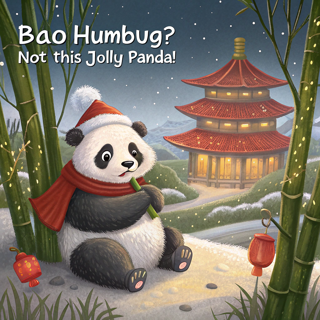 At the top of the image, "Bao Humbug? Not this jolly panda!"

- Depict a realistic, high-resolution photograph of an adorable giant panda sitting in a snowy bamboo grove near a traditional Chinese temple, decked in festive red lanterns and soft string lights.
- The panda wears a cozy red scarf and a Santa hat slightly askew on its fluffy head.
- Beside it is a tiny snowman made of perfectly round snowballs with bamboo arms and a baby carrot nose.
- A delicate dusting of snow falls around the scene, with mountains faintly visible in the distance under a soft winter sky.
- Subtle Christmas details—tiny ornaments hanging from bamboo branches and a plate of dumpling-shaped cookies—complete the festive Chinese holiday setting.
Generated with these themes: panda in china at christmas.
Made with ❤️ by AI.