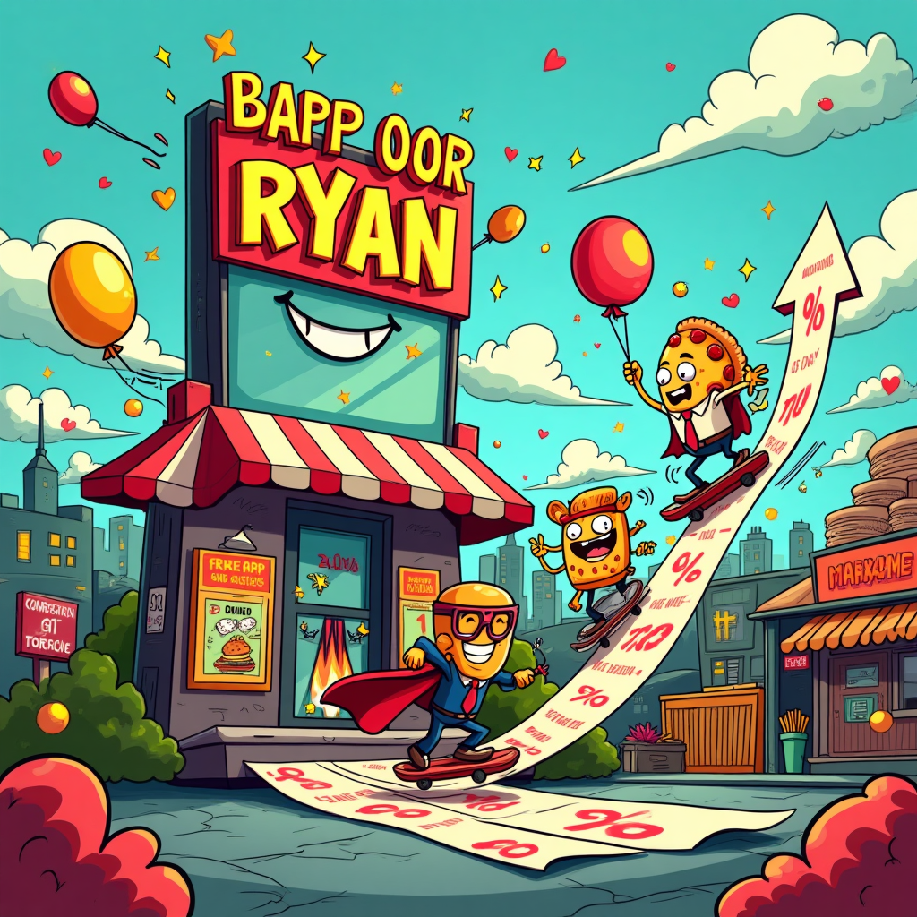 At the top of the Cartoon Style image, Congratulations on the new job, Ryan!

A big, bold, funny cartoon scene bursting with saturated color, thick black outlines, and exaggerated, bouncy poses. Center stage: a gigantic smiling smartphone like a lively city gate, its screen hosting a bustling “app market” of anthropomorphic foods—grinning pizza slice in a tie, nerdy taco with big round glasses, energetic sushi roll in a headband—each manning stalls shaped like app icons. Comical percent-sign balloons wiggle and deflate as oversized tongs and spatulas squeeze them smaller, visualizing “lower commission rates.” A caped burger hero zooms by, booting a grumpy, overinflated % balloon out of the frame; streamers and confetti explode around them.

In the foreground, a tiny office-hero character (huge head, tiny legs) rides a smartphone like a skateboard up a curving receipt that forms a triumphant upward arrow. Floating UI bits—stars, hearts, chat bubbles, notification pings—trail in a sparkly arc. Charts made of stacked pancakes and fries climb skyward; ketchup and mustard squiggles double as motion lines. Background: app-shaped city skyline, bubbly clouds, bright sunbeams. Everything is energetic, whimsical, and celebratory.

Render the top text in big, bubbly letters with a thick, contrasting outline so it pops against the sky.

Include one extra, cheeky line of text inside the scene:
“Raising the steaks, lowering the rates!”
Place it as a playful hand-painted banner on a chalkboard sign by the pizza stall. No other text. Bright, punchy palette (electric turquoise, sunny yellow, poppy red, lime green, magenta accents). Big smiles, googly eyes, lively motion. Keep the mood funny, triumphant, and app-tastically foodie.
Generated with these themes: Mobile apps, commission rates, food, and .
Made with ❤️ by AI.