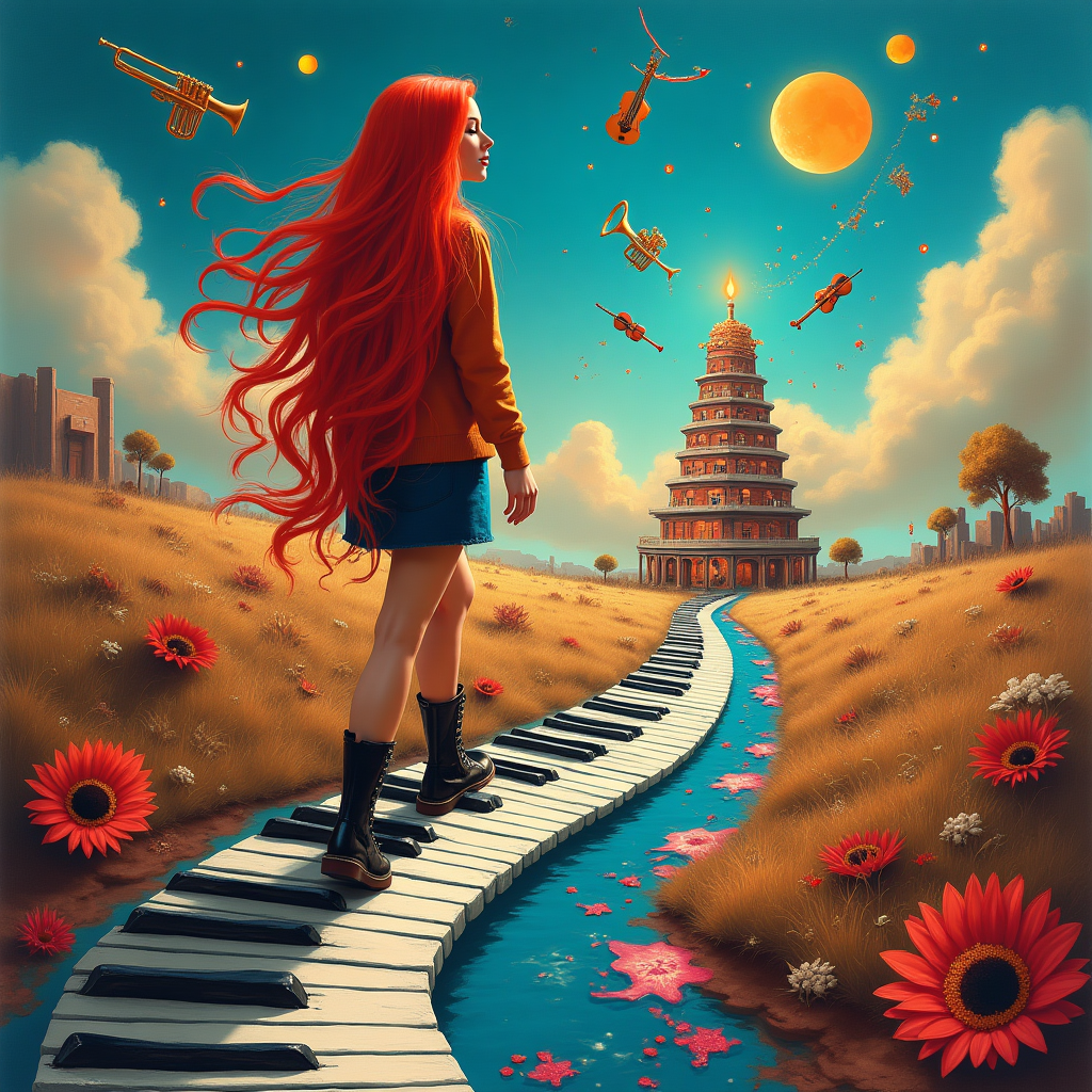 Portrait, full-bleed, dreamlike surrealism in a Dali-inspired otherworldly landscape. A long bright red–haired lady with lovely lashes and a soft, sincere smile strides in shiny black Dr. Martens boots along a winding path of melting piano keys that curve over a river of liquid paint. Her vivid scarlet hair unfurls into sweeping brushstrokes that paint the sky, transforming into neon ribbons and musical staves. Floating vinyl records orbit like moons; trumpets bloom as golden flowers; violins drift as birds; warped gallery frames and easels bend and drip like taffy. A tiered “cake” made of stacked canvases supports a single glowing paintbrush candle whose flame releases tiny luminous notes. Bold, funky, popular pop-art energy: Memphis-style patterns, graffiti textures, confetti shaped like treble clefs. Ethereal golden-hour light with soft mist, long surreal shadows, glossy painterly textures. Color palette: electric magenta, cyan, cobalt, sunflower yellow, deep midnight blues, inky noir accents. Slight low angle for an iconic, heartfelt mood; generous sky as negative space. Ultra-detailed, cinematic, high resolution. Small in-scene caption, hand-painted script on a ribbon of red paint near the bottom: “Surreal‑y glad you were born—happy birthday!”
Generated with these themes: Long bright red haired Lady with lovely lashes wearing black dr martin boots, Art, music, bold colours, funky, popular, and .
Made with ❤️ by AI.