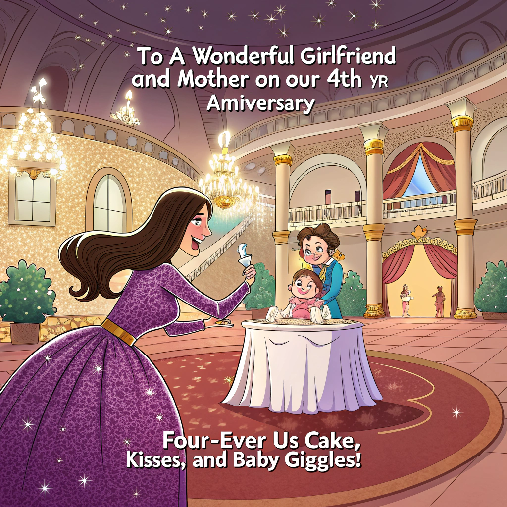 At the top of the Cartoon Style image, "To a wonderful girlfriend and mother on our 4th Yr anniversary"

At the bottom of the image, "Four-ever us—cake, kisses, and baby giggles! 💜"

Playful cartoon scene with exaggerated proportions, thick outlines, and bright saturated colors: In a luminous, upscale ballroom inside a romantic Romanian castle, a joyful couple and their baby are center-stage at the main table. The mother wears a sparkling, glamorous purple glittery dress; she has long dark-blonde hair and bright Irish-green eyes, holding their blond, blue-eyed baby boy on her hip, his big smile beaming. Her slim fiancé, with beautiful green eyes, brown-and-grey hair, and a neat small beard, leans toward her in a loving embrace as they raise clinking champagne flutes. Between them, a 3-tier heart-shaped chocolate cake dazzles with colored heart confetti sprinkles, a sparkling “4” topper, and lively sparklers; ice “Sorin & Katrina” in elegant gold script on the middle tier. Surround the table with whimsical details: purple roses bursting from an ornate Romanian vase, and tall candlesticks etched with Celtic knot designs. Let heart-shaped confetti swirl through warm golden light, with twinkly highlights, bubbly fizz, and floating purple hearts. Whimsical, energetic poses; bright, cheerful palette; romantic glow. Text rendered in bold, hand-lettered, bubbly script for the headline and a cheeky, playful script for the punchline.
Generated with these themes: Bright and colourful ballroom with a mother beautiful purple glittery dress long dark blonde with green irish eyes holder there baby son whom has blonde hair and blue eyes and big smile on her hip while both her and her fiance whom has beautiful green eyes slim man with brown and grey hair with small beard linging towards eachother to raise glasses in a loving embrace at the main table holding a glass of champagne with a 3 tier 4th anniversary heartshaped chocolate cake with coloured heart confetti and both there names wrote on the cake sorin and katrina with sparklers the background of a very expensive romantic Romania castle with purple roses in a lovely Romania vase with celic irish design candlesticks with holders and balloons falling fom cells with glitter and the magical story book feel , and .
Made with ❤️ by AI.