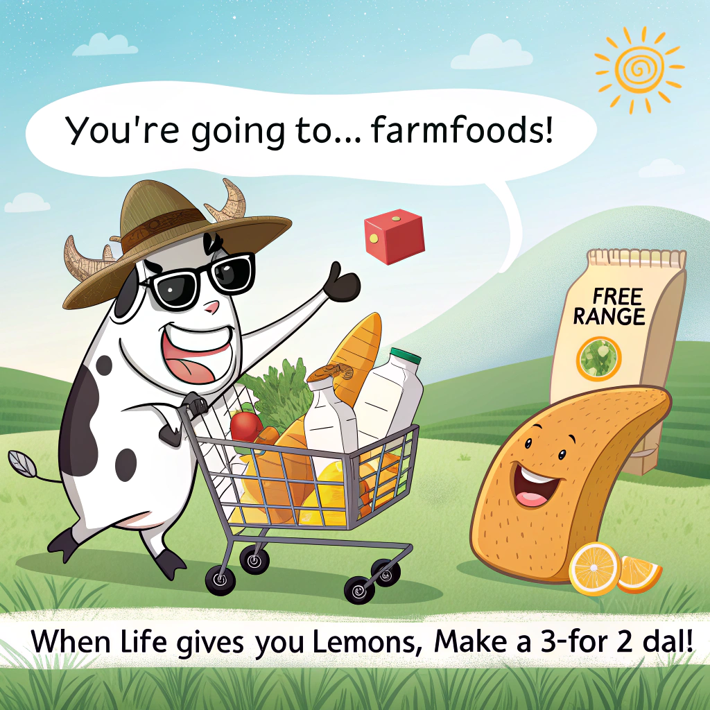 At the top of the image, "You're going to.....Farmfoods!"

At the bottom of the image, add "When life gives you lemons, make a 3-for-2 deal!"

- In the center of the image, illustrate a comedic farm scene: a cow wearing oversized sunglasses and a straw hat is cheerfully pushing a shopping cart overflowing with groceries. The cart includes whimsical items like dancing carrots, a giggling milk carton, and a loaf of bread with a cheeky smile. A sign in the background humorously reads "Free Range... with every purchase!"
Generated with these themes: Farmfoods!, and .
Made with ❤️ by AI.