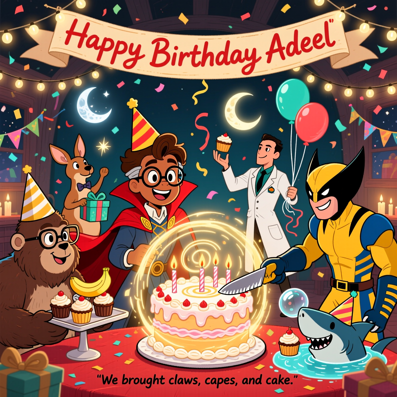 Dr Strange as birthday boy (brown skin with glasses), Overwatch winton , Moonknight marvel , Wolverine marvel , Kangaroo , Shark, and Birthday Card