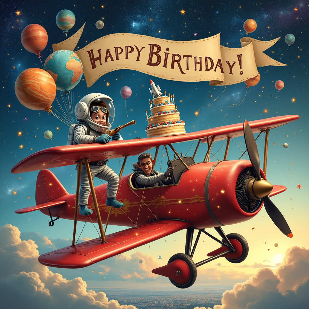 The front cover of the birthday greeting card is a humorous, detailed scene where an eccentric birthday party takes place on the wing of a vintage, open-cockpit biplane, soaring through a starry galaxy. The biplane, painted a vibrant shade of candy-apple red, is adorned with twinkling fairy lights and a large, billowing banner trailing behind that reads, "Happy Birthday!" In bold, gold letters. Perched on the biplane's wing is an animated, anthropomorphic astronaut, clad in a glistening silver spacesuit, attempting to balance a towering, precariously leaning birthday cake. The cake is whimsically decorated with swirling icing planets and edible shooting stars, topped with a miniature replica of a space shuttle instead of traditional candles. 

Beside the astronaut, an array of colorful helium balloons, each with a tiny painted planet, drift lazily in the zero-gravity environment. In the cockpit, a vintage pilot, complete with a leather aviator cap and goggles, grins broadly, holding the controls with one hand while the other clutches a cosmic-themed party horn. Above, the sky is not the usual expanse of blue but a kaleidoscope of swirling nebulae, twinkling stars, and distant planets, giving the impression that the airplane has wandered into a birthday bash held in a cosmic carnival. Below the biplane, tiny Earth appears, dotted with illuminated cityscapes, reminding the recipient that their birthday celebration has taken to the skies and beyond!
Generated with these themes: Airplanes , and Space.
Made with ❤️ by AI.