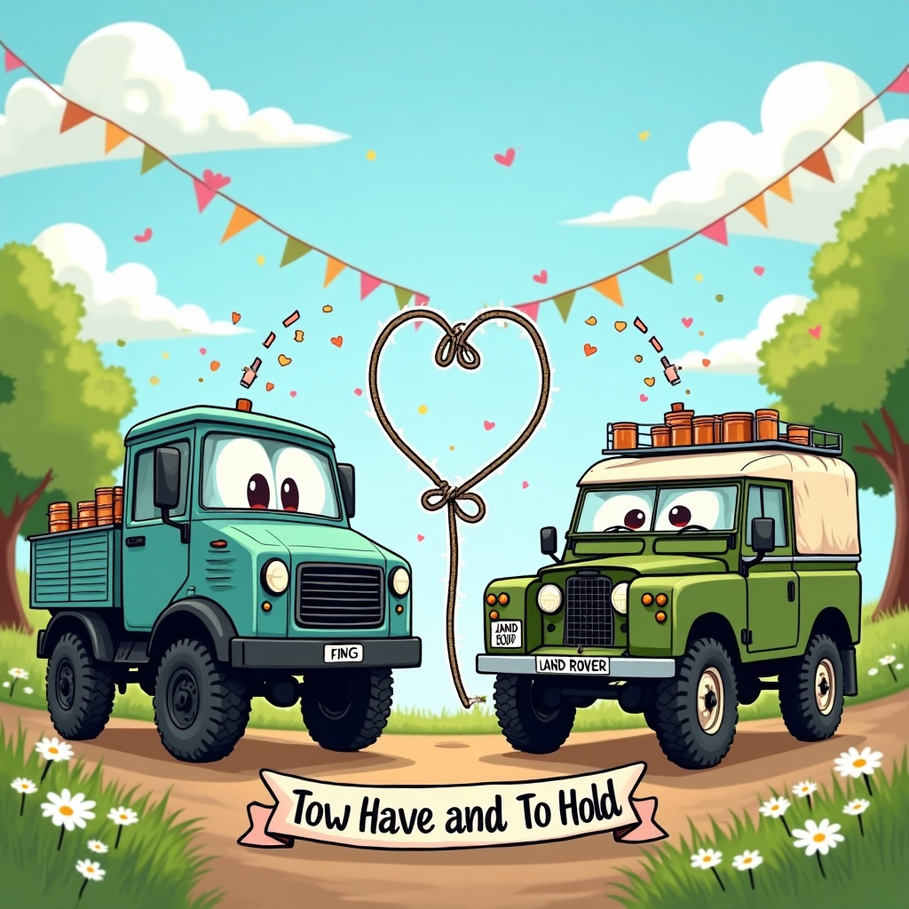 Funny cartoon wedding scene featuring a towering Unimog and a classic Land Rover side by side, both anthropomorphized with big expressive headlight “eyes” and smiling grilles. The Unimog is tall and teal with a bumper bow tie; the Land Rover is olive green with a cream roof and a fluttering veil draped from the roof rack. They lean playfully toward each other as if about to kiss bumpers. A tow rope between them loops up into a big heart shape, while tin cans clatter behind and confetti and heart-shaped dust puffs fly. Exaggerated proportions, bouncy suspension, chunky tires, thick black outlines, bright saturated colors, and energetic motion lines. Sunny countryside backdrop with blue sky, fluffy clouds, bunting between trees, and daisies in the grass; clean, simple background to keep focus on the vehicles. 3/4 front view, slightly low angle. No logos. Small caption on a curved ribbon at the bottom in bold bubbly lettering with a thick outline (one line): “Tow Have and To Hold”.
Generated with these themes: Unimog, Landrover, and .
Made with ❤️ by AI.