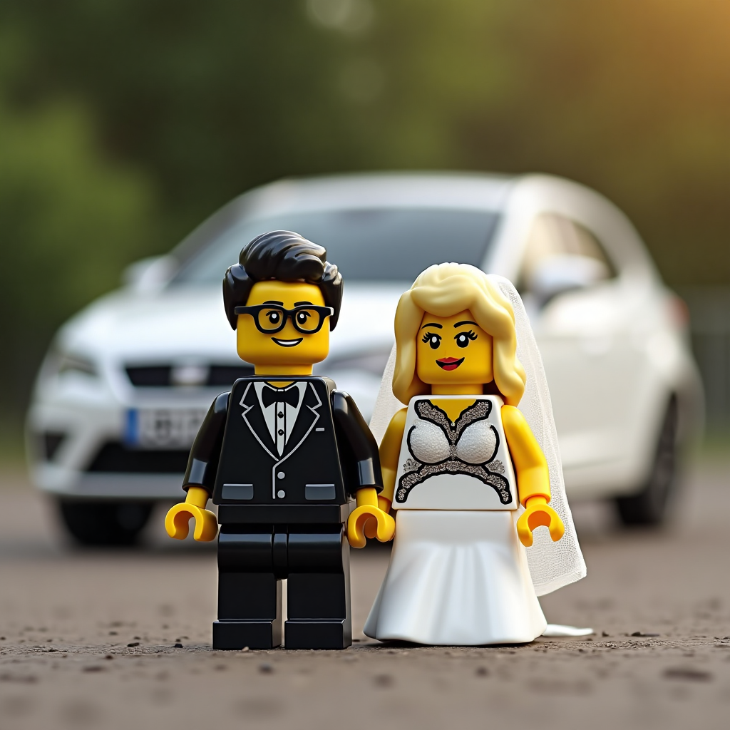 Lego, groom has glasses and is wearing a tux, bride is shorter with a front fringe wearing a white wedding dress, there is a white seat Leon in the background with the number plate ‘L55 5ULY’, and Wedding Card