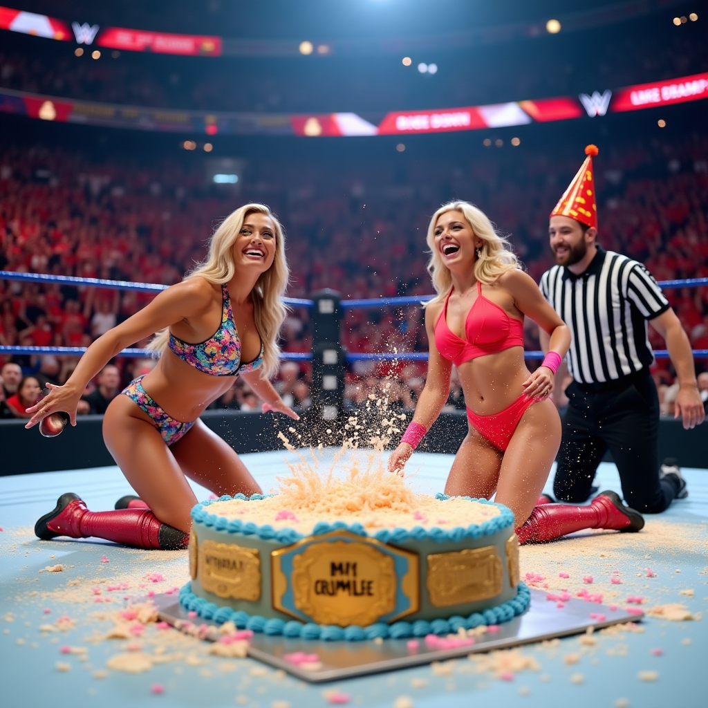 At the top of the Photorealistic picture taken from a camera image, Happy Birthday, Rhegan—pin the cake in 3!

Ultra-high-definition 4K UHD, lifelike, true-to-life ringside photograph of a WWE-style ladies wrestling moment in a packed arena, funny and celebratory. Two adult female pro wrestlers (athletic, fully clothed, non-sexualized) in vibrant ring gear: one grinning as she goes for a playful pin on a giant championship-belt-shaped birthday cake in the center of the ring, frosting exploding mid-splat; the other laughing with a smear of icing on her cheek, hyping the crowd. A referee in classic stripes (wearing a goofy party cone hat) slaps the mat for the count. Confetti cannons burst, streamers rain down, balloons shaped like tiny title belts in the background. Fans hold a couple of cheeky signs (small and readable): “Let’s Get Ready to Crumble!” and “Cake Down!”

Ringside camera angle at rope height, action frozen with a hint of motion: 35mm lens, f/2.8, 1/1000s, ISO 800. Accurate arena lighting with bright overhead spotlights and rim light, mild haze from pyros, realistic skin textures and fabric detail, frosting glistening on the mat, shallow depth of field with creamy bokeh crowd. Color-rich scene with red and blue ring ropes, gold fondant belt plate on the cake (tiny icing text: “B-DAY CHAMP”). Leave generous headroom for the top text; portrait orientation; clean composition focused on the wrestlers and cake.

No visible brand logos, no gore, no sexualization—playful, upbeat, and hilariously over-the-top birthday rumble energy.
Generated with these themes: Wwe , Ladies wrestling , and .
Made with ❤️ by AI.
