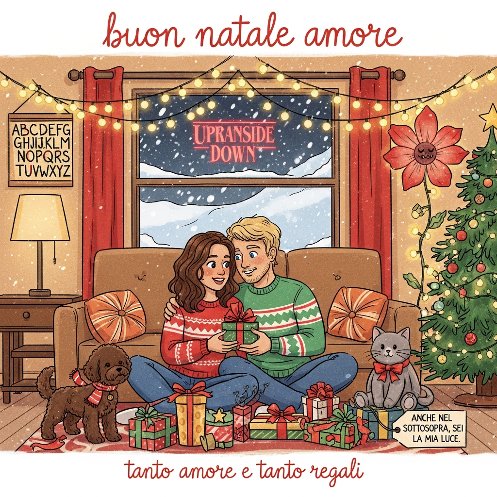 Stranger things serie tv, demogorgone luci , Due innamorati una femmina con capelli e occhi marroni e un maschio biondo occhi azzurri , Un lagotto romagnolo marrone , Un british shorthair grigio , Tanto amore e tanto regali , and Christmas Card