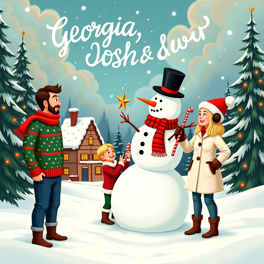 The Christmas card illustration bursts with festive cheer and a touch of humor, drawing inspiration from the rich storytelling of Rockwell and the whimsy of Blake. The scene is set in a cozy, snow-blanketed village, reminiscent of an enchanting fairytale. In the foreground, a tall, jolly snowman stands proudly, adorned with a vibrant red scarf, a carrot nose, and a top hat slightly askew. Beside him, a brunette man in his 30s, dressed in a green and red holiday sweater, is mid-snowball throw, his expression a mix of mischief and delight.

To his right, a blonde lady in her 20s, bundled up in a stylish, fluffy white coat with matching earmuffs, holds a giant candy cane, preparing to whack the snowman's hat off in a playful twist. Her eyes sparkle with humor as she leans slightly forward, ready to strike. A little to the left, a giggling toddler boy with blonde hair, donning an oversized red Santa hat that flops over his eyes, attempts to place a lopsided Christmas star on the snowman's head, a touch of chaos to the idyllic scene.

Behind them, nestled among the snow-draped pine trees, stands a quaint gingerbread house with twinkling fairy lights and a candy-decorated roof. Above, the sky is a cascade of swirling pastel colors, with fluffy clouds creatively spelling out "Georgia, Josh & Carter" in an artistic script, resembling the ethereal touch of Parrish's skies. In the background, villagers gather around a towering Christmas tree, stringing lights and singing carols, while snowflakes gently fall, completing the picturesque winter wonderland.
Generated with these themes: Brunette man in his 30s, blonde lady in her 20s, a toddler boy with blonde hair.
Made with ❤️ by AI.