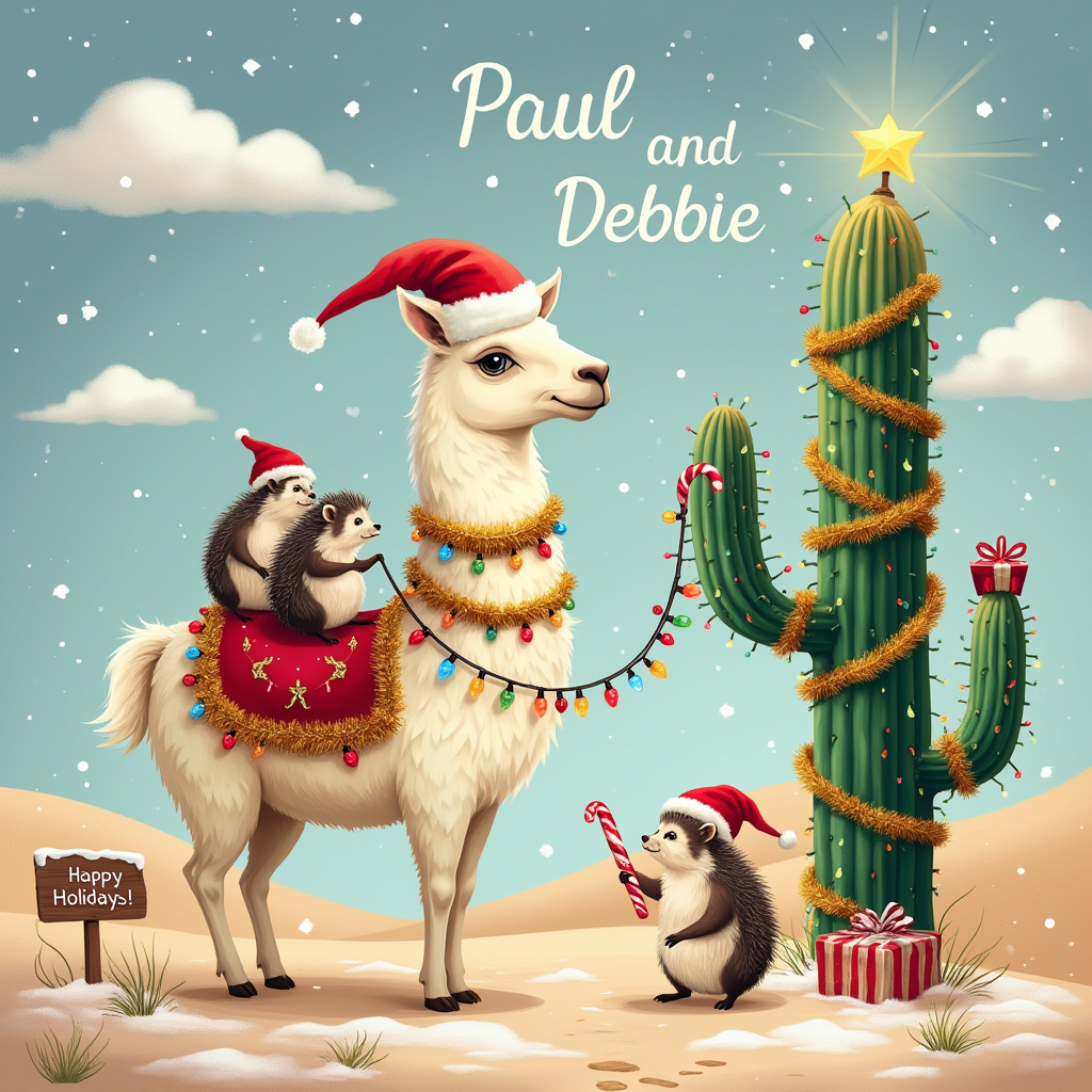 In the center of this whimsical Christmas card cover, a charming llama stands proud, adorned with a vibrant red Santa hat perched atop its fluffy head. This jolly llama is draped in a saddle blanket made of bright, multi-colored Christmas lights that twinkle playfully. Strung along the llama's neck is a garland of shiny red and gold Christmas baubles that catch the light with every movement. Riding atop this festive llama is an adorable hedgehog duo, each wearing their own tiny Santa hats and clutching miniature candy canes. These hedgehogs hold the reins, fashioned from glistening tinsel that sparkles under the imaginary winter sun.

To the right of this merry procession stands a towering cactus, creatively transformed into a desert Christmas tree. It is wrapped spirally in golden tinsel, dotted with little baubles and topped with a shiny star that seems to glow. Nearby, a curious hedgehog investigates the base of the cactus, perhaps searching for hidden presents. In the background, the sky is a serene gradient of blue and soft lavender, where fluffy white clouds form the names "Paul and Debbie" in a friendly, looping script.

The ground is a sandy desert scene speckled with snowflakes that have settled like icing sugar on a festive cake. A few more hedgehogs can be seen prancing around, leaving tiny paw prints in the sand dusted with snow. To the left, a small wooden sign, painted with red and white candy cane stripes, reads "Happy Holidays!" welcoming all who gaze upon this delightful desert winter wonderland.
Generated with these themes: Llamas, Hedgehogs, Cactus, and Hedgehogs riding llamas wearing Santa hats, Christmas baubles, Christmas lights, tinsel with cactus decorated like Christmas tree.
Made with ❤️ by AI.