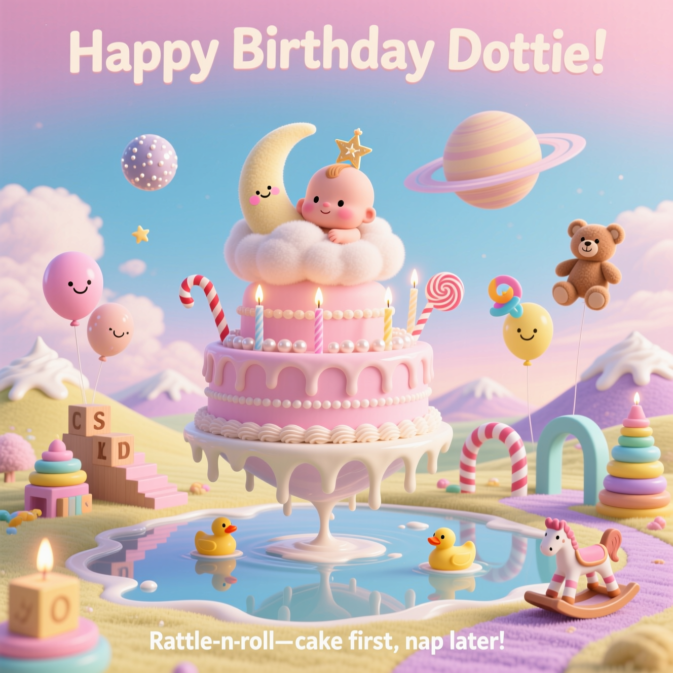 At the top of the Surreal Style image, "Happy Birthday Dottie!"

At the bottom of the image, "Rattle-n-roll—cake first, nap later!"

Create a dreamlike, Dali-inspired, cute surreal scene:
- A colossal tiered baby-pink birthday cake floats like a tiny planet in a pastel sky (cotton-candy pink to baby-blue gradient). Buttercream drips into a glossy milk-puddle that mirrors the scene below.
- Perched on the cake: a chubby baby-shaped cloud with rosy cheeks and a tiny paper star-crown, cuddling a plush crescent moon.
- Candles bend whimsically like lollipops, each tip glowing with tiny star-flames that cast soft, ethereal beams.
- Toys reimagined as landscape: rattles orbit the cake like moons with pearly beads glittering inside; a pacifier forms a Saturn-style ring; teddy-bear balloons float with gentle stitched smiles; wooden alphabet blocks stretch into a curving staircase leading up to the cake; rubber ducks sail frosting rivers that meander off the edge; a candy-cane-legged rocking horse melts into a licorice ribbon path; stackable toy rings arch into pastel gateways.
- The ground undulates like a plush nursery rug drifting in the sky, with whipped-cream clouds forming soft, melting hills.
- Palette: buttercream yellow, mint, lavender, blush pink, baby blue; glossy icing highlights and plush, velvety toy textures.
- Lighting: ethereal, golden candlelight with sparkly dust motes; soft shadows; dreamy haze; gentle bokeh.
- Composition: central floating cake island, playful melting shapes and curved lines guiding the eye upward; ample airy space for the top text; overall cute, whimsical, and otherworldly.
Generated with these themes: Baby, cake, toys , and .
Made with ❤️ by AI.