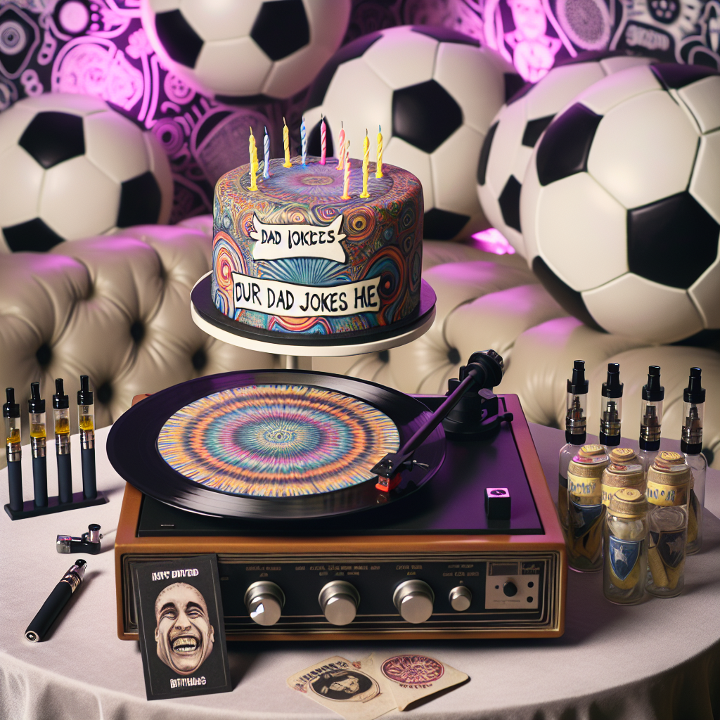 Picture a festive birthday event. The central feature of the table is a vinyl record, designed with psychedelic, abstract art reminiscent of the classic rock era but not specific to any artist. Soccer ball decorations are spread across the surrounding walls. An eye-catching cake, decorated with edible punchlines from dad jokes, is placed on a vintage turntable. As party favors, vape pens are neatly arranged. The room is immersed in a subtle pink light that hints at nostalgia and the bygone era of classic rock.
Generated with these themes: vinyl records, soccer, dad jokes, pink Floyd, jimi hendrix, vaping.
Made with ❤️ by AI.