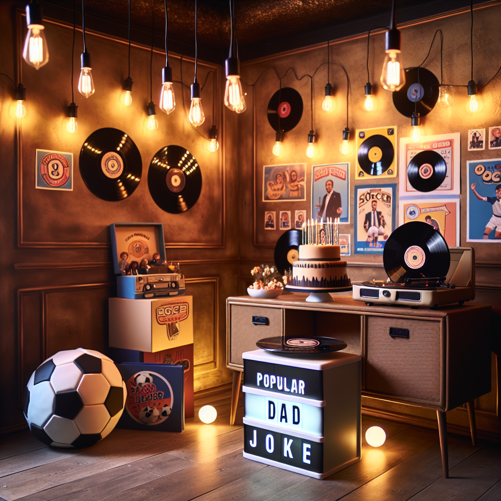 A warmly lit room with string lights casts a soft glow over a soccer-themed birthday party. The walls are decorated with vinyl-shaped decorations that gives a nod to the era of classic rock. A corner is filled with retro cards, each featuring a popular dad joke. Near a cake moulded and decorated to look like a vinyl record, is a stylish station set for party-goers to enjoy a laid-back leisure activity.
Generated with these themes: vinyl records, soccer, dad jokes, pink Floyd, jimi hendrix, vaping.
Made with ❤️ by AI.