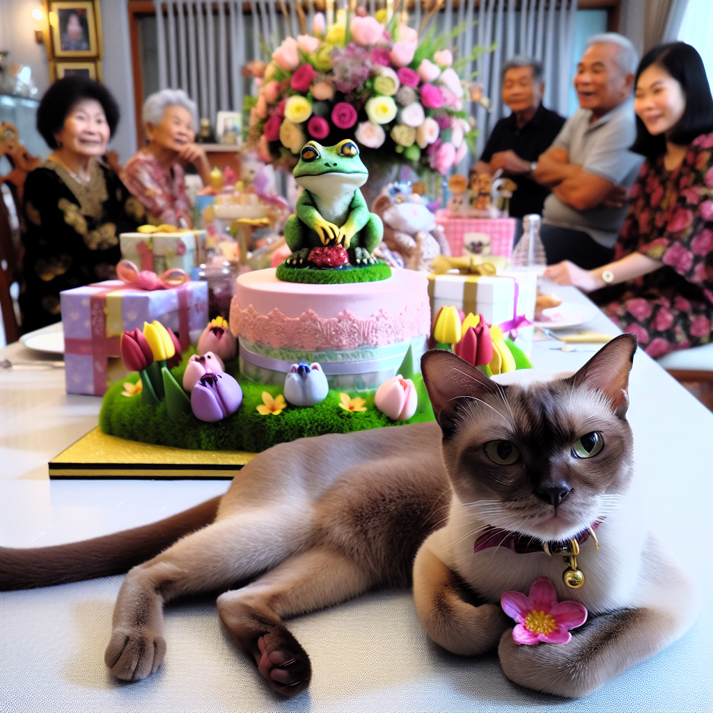 In a room decorated festively as for a party, a cat colored with light shades of burgundy lounges casually on a pile of gifts, watching the ongoing fun with cheerful eyes. The festive table displays centerpieces adorned with a mix of tulips and other select flowers from a known market brand. In a corner of the room, a small Burmese cat with dark fur exhibits interest by sniffing at the colorful floral centerpieces. Nearby, guests who have gathered for the celebration express their amusement at the edible frog decorations present on a birthday cake.
Generated with these themes: Light burgesses cat, Small dark burmese cat, Tulips, Flowers, Waitrose, and Frogs.
Made with ❤️ by AI.