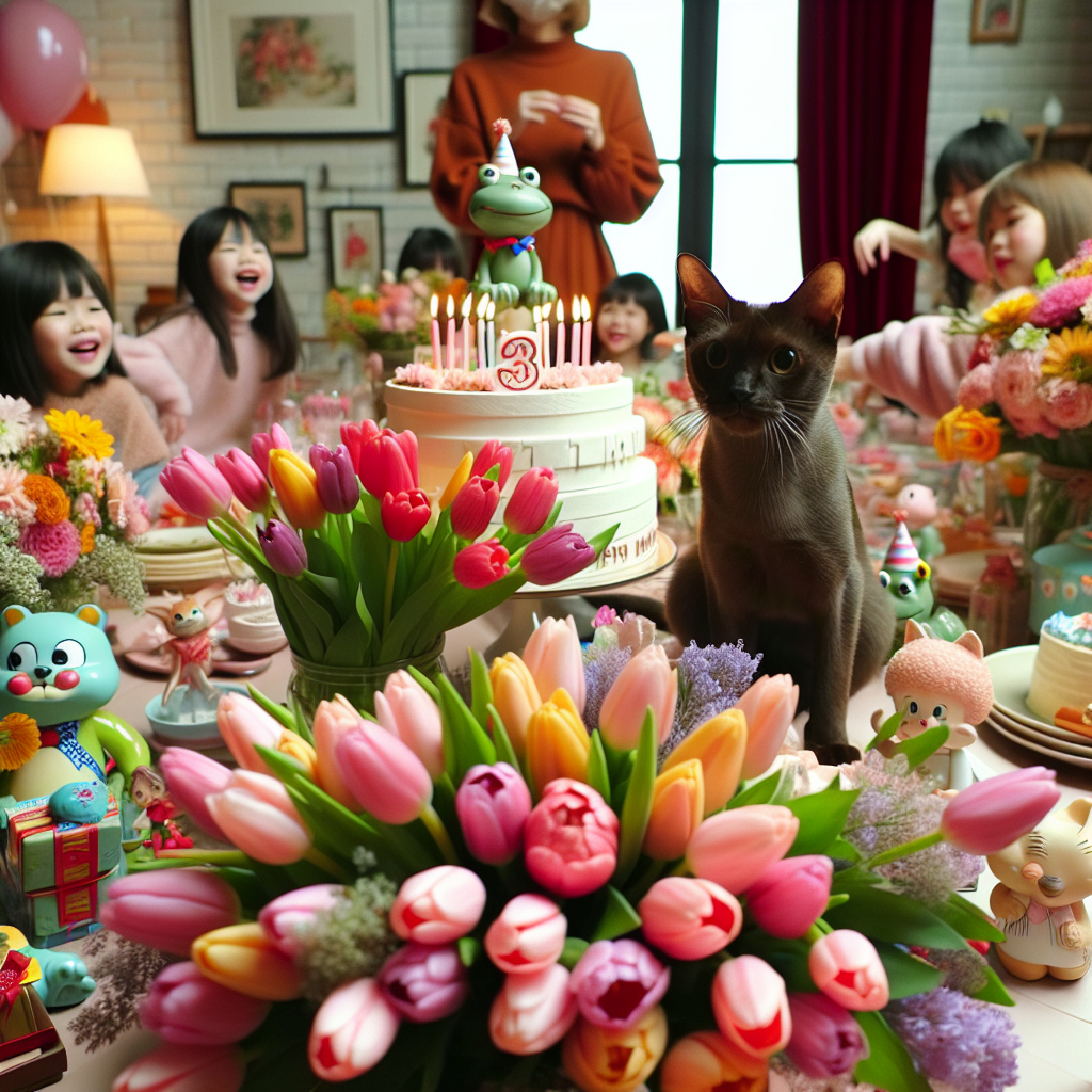 Envision a lively and charming birthday celebration. The room is filled with light burgundy tones, providing a stark contrast to a small, dark Burmese cat playfully weaving in and out of the attendees. Amid the cheerful cacophony, a bouquet of radiant tulips and assorted flowers brought from a popular supermarket adds splashes of color and vitality to the scene. On the cake table, a humorous collection of figurines featuring frogs in the midst of a party mirrors the surrounding merriment.
Generated with these themes: Light burgesses cat, Small dark burmese cat, Tulips, Flowers, Waitrose, and Frogs.
Made with ❤️ by AI.