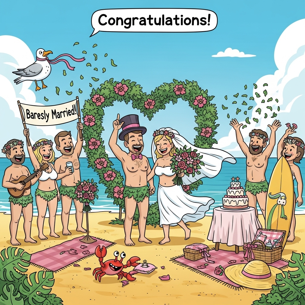 At the top of the Cartoon Style image, add "Congratulations!"

A funny, feel-good naturist wedding on a sunny beach, drawn in playful Cartoon Style with thick black outlines, bright saturated colors, and exaggerated, bouncy proportions. Center frame: the newlyweds—clearly adult—beaming and mid-twirl beneath a heart-shaped arch of tropical leaves and flowers. They’re tastefully and comedically covered: leafy garlands, a flowing veil, a big top hat, and a large bouquet strategically placed so no nipples or genitals are visible. The groom wears a bow tie and leaf sash; the bride’s veil billows, and her bouquet and a floating beach ball help with cheeky coverage.

Around them, a handful of cheering adult naturist friends in flower crowns and sashes, one strumming a ukulele, another tossing petal-confetti that looks like tiny green leaves. Two guests hold a hand-painted banner that reads: “Barely Married!” A mischievous crab waddles by with the ring pillow; a seagull carries a ribbon overhead. A tiered wedding cake on a small table is humorously positioned to cover a guest’s hip; surfboard, picnic basket, and a giant sun hat provide playful, strategic coverage elsewhere. Big expressive faces, energetic poses, and cartoon motion lines sell the joyful chaos.

Palette: turquoise sky and sea, golden sand, lush greens, pops of coral and fuchsia. Bright midday light with soft, stylized shadows. Keep the mood silly and celebratory. Ensure all characters are clearly adults and non-explicit; use props, bouquets, garlands, and signage to cover private areas. No sexualized poses—just exuberant, wholesome fun.
Generated with these themes: Naturists , and .
Made with ❤️ by AI.