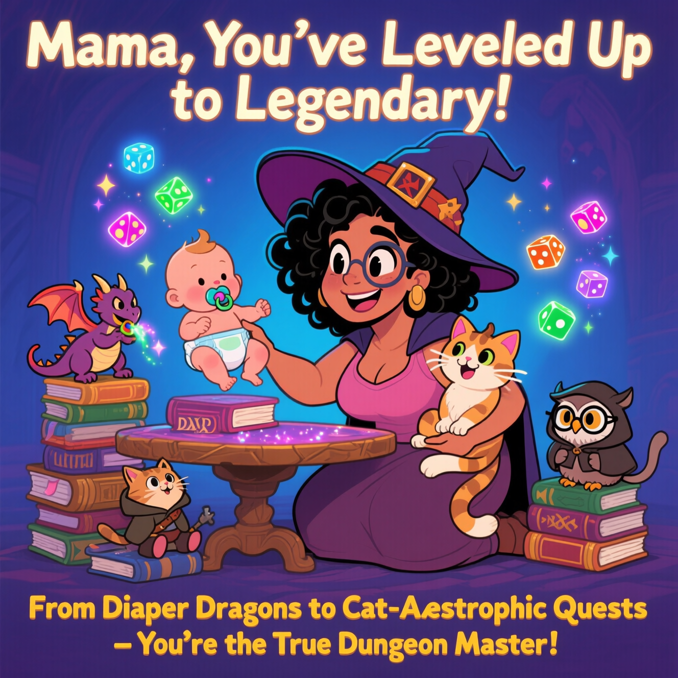 At the top of the image, "Mama, You’ve Leveled Up to Legendary!"  

At the bottom of the image, "From Diaper Dragons to Cat-astrophic Quests – You’re the True Dungeon Master!"  

— In the center, illustrate a playful, cartoon-style scene of a curly black-haired Italian mama wearing a wizard’s hat reminiscent of Harry Potter, sitting at a whimsical D&D table made of stacked storybooks. She’s got a baby in a diaper perched on one knee, a purring cat curled on the other, and magical dice rolling mid-air in glowing colors. Around her, tiny fantasy creatures — a baby dragon chewing on a pacifier, a kitten in a rogue’s hood, and a chubby owl wearing glasses — watch her cast a glittery “birthday spell.” The colors are bright and saturated, with thick outlines and exaggerated, joyful expressions.
Generated with these themes: DND , Diapers , Harry Potter , Black curly hair , Italian , Cats, Being a mama, and .
Made with ❤️ by AI.