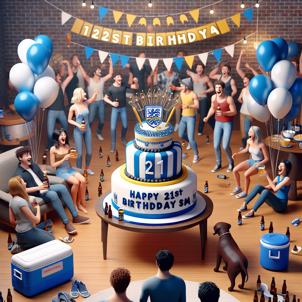 A lively room hums with the anticipation of a significant 21st birthday. Central to the excitement is a standout three-tiered cake, decorated with a miniature non-copyrighted football crest and the bold words 'Happy 21st Birthday Sam'. A collection of balloons in different shades of blue and white drift in the surroundings, while contemporary popular music combines with the sound of friends laughing. A cooler, brimming with a variety of beers, is present, while a chocolate Labrador navigates through the gathering, receiving affectionate pats and snacks. The atmosphere is a perfect merging of enjoyment, companionship and festivity, incorporating the birthday person's preferences for a distinctly charming celebration theme.
Generated with these themes: Happy 21 birthday Sam , birthday cake, FC Chelsea, beer, music, baloons, chockolate labrador, friends, .
Made with ❤️ by AI.