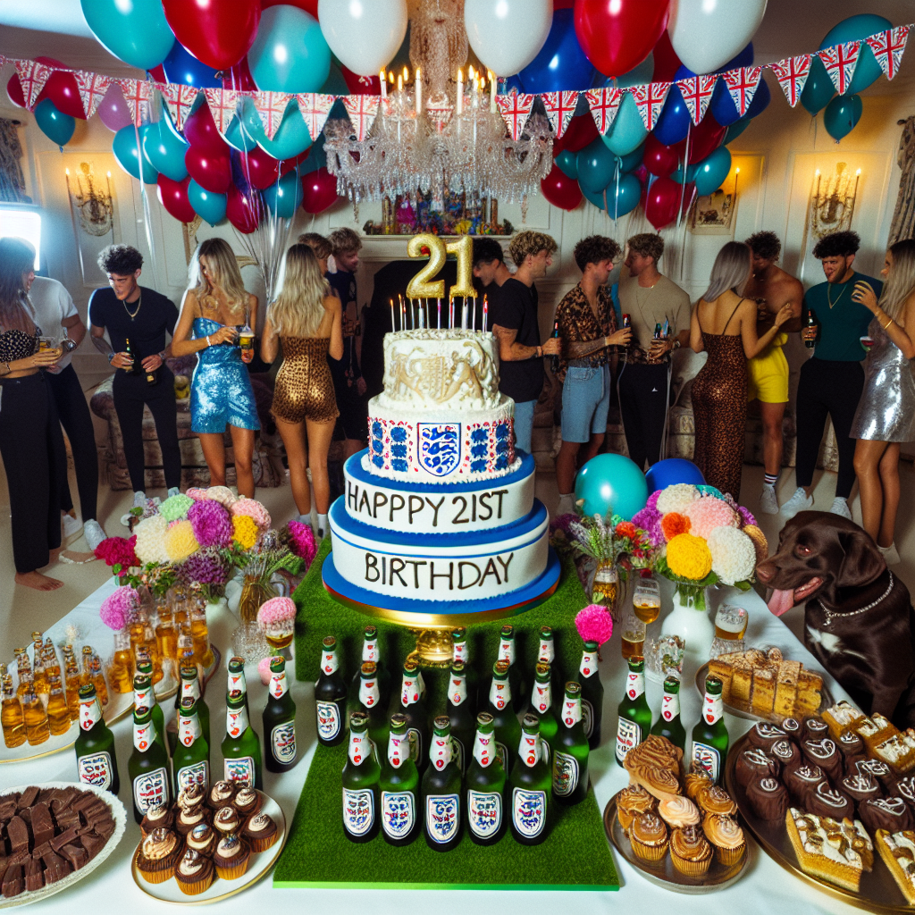 A room is lavishly decorated, filled with vibrant balloons and streamers to celebrate a 21st birthday party. The centerpiece of the gathering is an exquisite birthday cake, decorated with elegant blue and white icing, reminiscent of the English football team's colors, with the words 'Happy 21st Birthday' carefully piped across its top. Surrounding the cake, bottles of high-quality beer are perfectly chilled for the birthday toast. A playful chocolate Labrador, wearing a festive hat, mingles among guests who are diverse in both descent and gender, all sharing in the laughter and enjoyment. Uplifting music playing in the background enchants the atmosphere while an array of scrumptious chocolate treats tease the guests' sweet tooth.
Generated with these themes: Happy 21 birthday Sam , birthday cake, FC Chelsea, beer, music, baloons, chockolate labrador, friends, .
Made with ❤️ by AI.