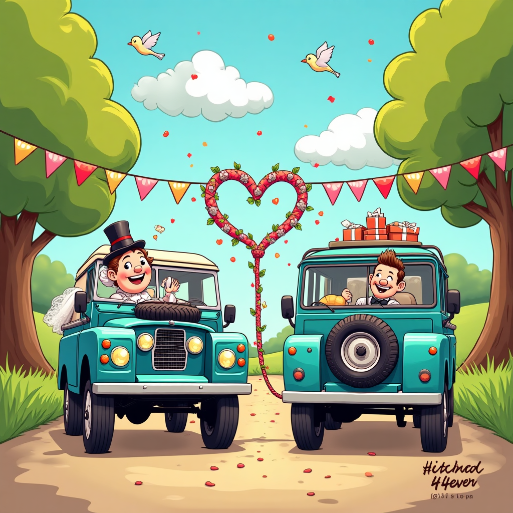 Playful, funny cartoon wedding scene with exaggerated proportions, thick black outlines, and bright, saturated colors. Center stage: a classic blue Land Rover Series I pickup and a turquoise Unimog “getting hitched” — their front bumpers linked by a tow rope tied into a big heart shape. The Unimog is comically tall and chunky; the Land Rover is adorably small and boxy; both lean toward each other like a kiss. Decorate them with white ribbons, flower garlands, and trailing tin cans; confetti bursts around them. The bride (big sparkling eyes, swooshy veil, bouquet) leans out of the Land Rover window waving; the groom (top hat, bow tie, goofy grin) leans from the Unimog tossing confetti. The Land Rover’s pickup bed is stacked with wrapped gifts and a spare wheel with a giant bow. Sunny countryside lane with bunting between trees, puffy heart-shaped clouds, cheerful cartoon birds, and bouncy motion lines. Cel-shaded color, glossy highlights, lively energy. Place a small, bold, playful hand-lettered caption on a ribbon at the bottom: “Hitched 4x4ever!” No other text. Full-bleed, portrait composition.
Generated with these themes: Blue Landrover series one pick up, Turquoise unimog, and .
Made with ❤️ by AI.