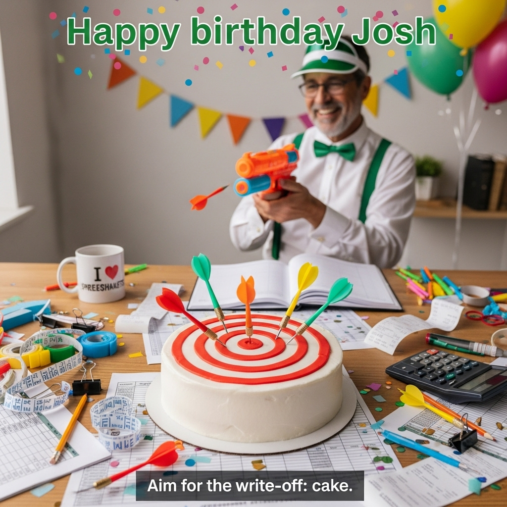 At the top of the Photorealistic picture taken from a camera image, Happy birthday Josh

Ultra-high-definition 4K UHD, true-to-life, funny office party scene. Center foreground: a white-frosted birthday cake decorated with a bold red-and-white bullseye target, sitting on a wooden office table scattered with confetti-cut spreadsheets, curling calculator tape like streamers, binder clips, pencils, and a chunky desktop calculator. Several bright foam darts with suction cups stick comically into the frosting around the bullseye; one dart is frozen mid-flight just about to hit the center. In the softly blurred background, a cheerful adult accountant in a crisp white shirt with rolled sleeves, suspenders, and a classic green visor grins as they playfully aim a bright orange toy foam-dart blaster at the cake. A coffee mug reading “I ♥ spreadsheets,” an open ledger, balloons, and a few streamers complete the scene. Photorealistic camera look: 50mm prime lens, f/1.8, shallow depth of field with creamy bokeh; accurate natural window light with soft shadows; lifelike textures—glossy icing sheen, visible sugar granules, cake crumb details, paper fibers on receipts. Colorful, clean, and bright with subtle accounting-green accents. The top text “Happy birthday Josh” appears in a clean, bold sans-serif with a playful confetti color treatment and a soft drop shadow for readability. At the bottom, add a small cheeky caption in matching type: Aim for the write-off: cake.
Generated with these themes: The accountant, shooting, target on a cake, and .
Made with ❤️ by AI.