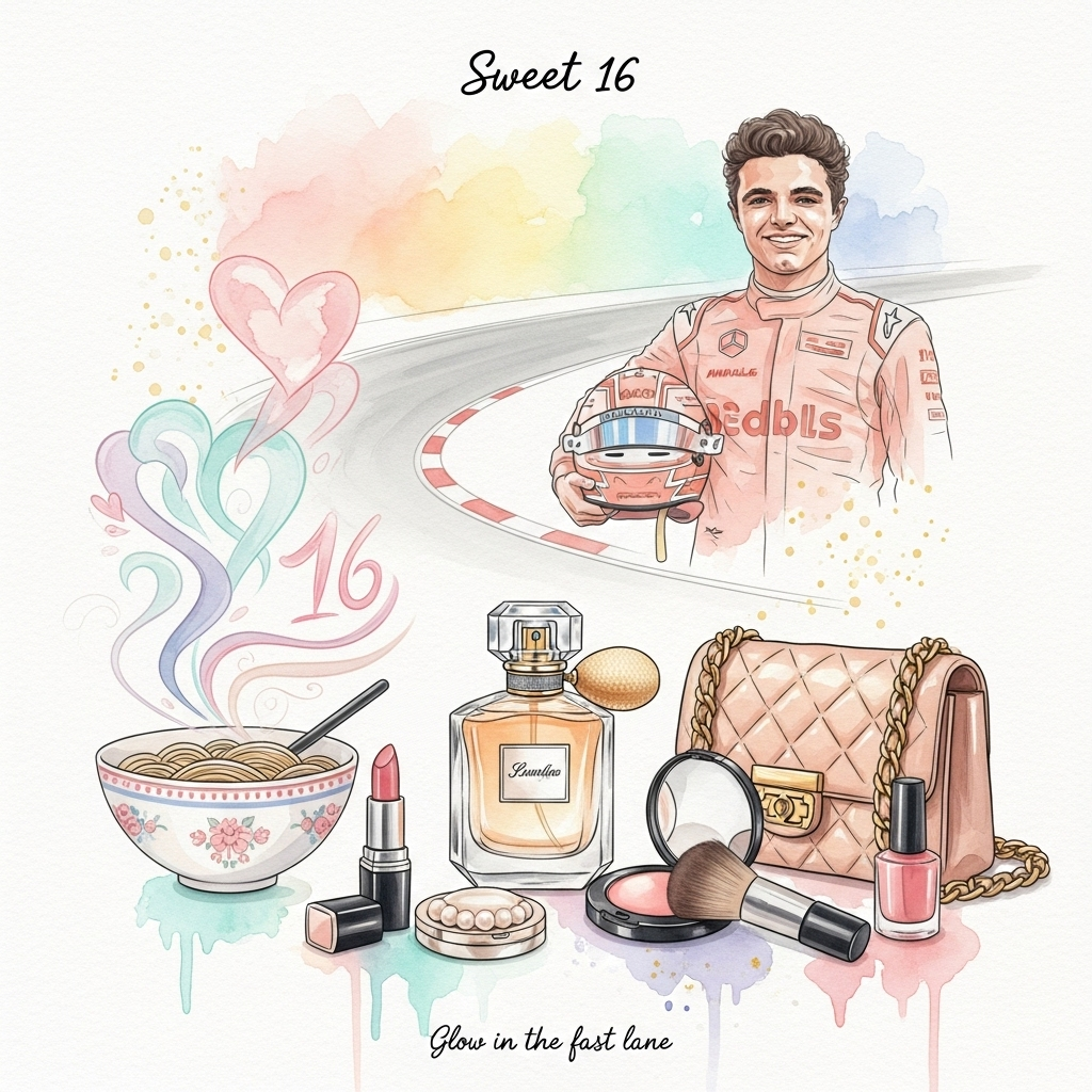 At the top of the Watercolor Style image, "Sweet 16"

Portrait-format, airy and sincere watercolor scene with soft pastel washes (blush rose, papaya orange, mint, lavender) and visible cold-pressed paper texture, delicate gradients, and subtle pigment blooms. Center a graceful still life: a luminous crystal perfume bottle with a gold atomizer catching soft highlights; beside it, an elegant designer handbag (quilted texture, gold chain strap, no logos), half-open to reveal a hint of silk lining. Scatter refined cosmetics in the foreground—a rosy lipstick, pearly compact, blush brush, and a tiny nail-polish bottle—with edges softly bleeding into the paper. To the left, a delicate porcelain bowl of steaming noodles; let the steam bloom into feathery watercolor wisps that curl into a gentle heart shape and a barely-there “16” swirl. In the background, paint a soft, respectful vignette of a smiling young Formula 1 driver suggestive of Lando Norris—papaya-hued racing suit, helmet under arm—rendered in a light, semi-abstract wash with minimal facial detail and no logos; let him fade tastefully into the pastel sky as if part of a dream. Thread a pale, ribbon-like racetrack curve behind the still life to guide the eye in a calm S-curve. Add tiny gold-fleck accents and translucent splatters for sparkle, keeping contrasts gentle and edges soft for a sincere, celebratory feel.

Optional small text: at the bottom in delicate hand-lettered watercolor script, “Glow in the fast lane.”
Generated with these themes: Perfume, Designer handbags, Lando Norris, Cosmetics, Noodles, and .
Made with ❤️ by AI.