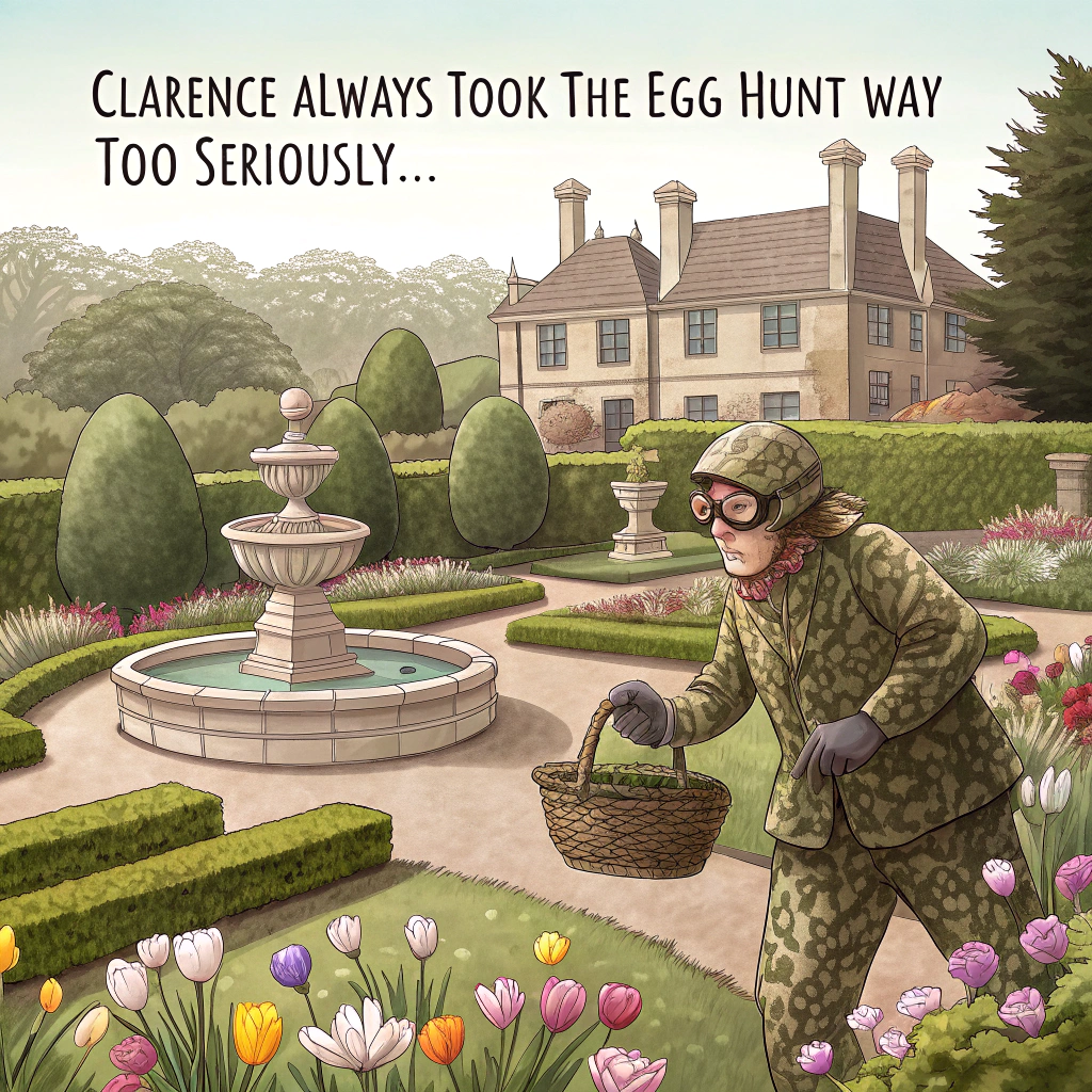At the top of the image, "Clarence always took the 'egg hunt' way too seriously..."

– In the center of the realistic photograph, depict an immaculately manicured garden resembling an upscale English estate: trimmed hedges, pastel tulips, and elegant stone fountains.

– Peeking from behind one of the fountains is a fully camouflaged elderly man in a ghillie suit (leafy and moss-covered), clutching a basket and wearing night-vision goggles, ready to pounce on an oversized, glistening golden Easter egg perched humorously on a bird bath.

– A group of startled children in pastel Easter attire watch from a distance with half-bitten chocolate bunnies frozen in hand, expressions of pure confusion and awe on their faces.

– The overall vibe is one of lush elegance disrupted hilariously by Clarence’s tactical mission to “win” Easter.
Generated with these themes: Elegant Easter scene.
Made with ❤️ by AI.