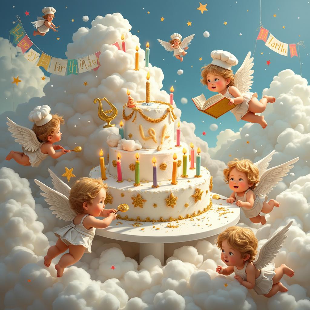Imagine a bustling cloud kitchen in the sky, where cherubic angels adorned with chef's hats and aprons flutter about orchestrating a heavenly birthday feast. The head chef angel, with a gleaming halo slightly tilted due to the day's hustle, consults a golden cookbook that floats mid-air. At the heart of the scene is an enormous, fluffy cloud cake festooned with star-shaped candles that flicker with a divine light. Around the cake, little angel sous-chefs are busy: one is carefully applying the icing with a rainbow-colored spatula, another is garnishing the cake with slices of celestial fruit that sparkle like jewels, and a third is sprinkling edible glitter that shimmers as it cascades onto the cake. In the background, an assembly line of cherubs is crafting edible decorations: chocolate wings, harp-shaped cookies dusted with sugar, and tiny, fondant togas. Above them, a banner strung between soft clouds reads 'Happy Birthday' in bold, iridescent letters. To the side, a mischievous angel tries to stealthily sample a scoop of cloud frosting, leaving behind a trail of sticky footprints. Each element of the scene is full of movement and mirth, as these heavenly creatures prepare a once-in-an-eternity birthday celebration.

Generated with these themes: Angel.  
Made with ❤️ by AI.
