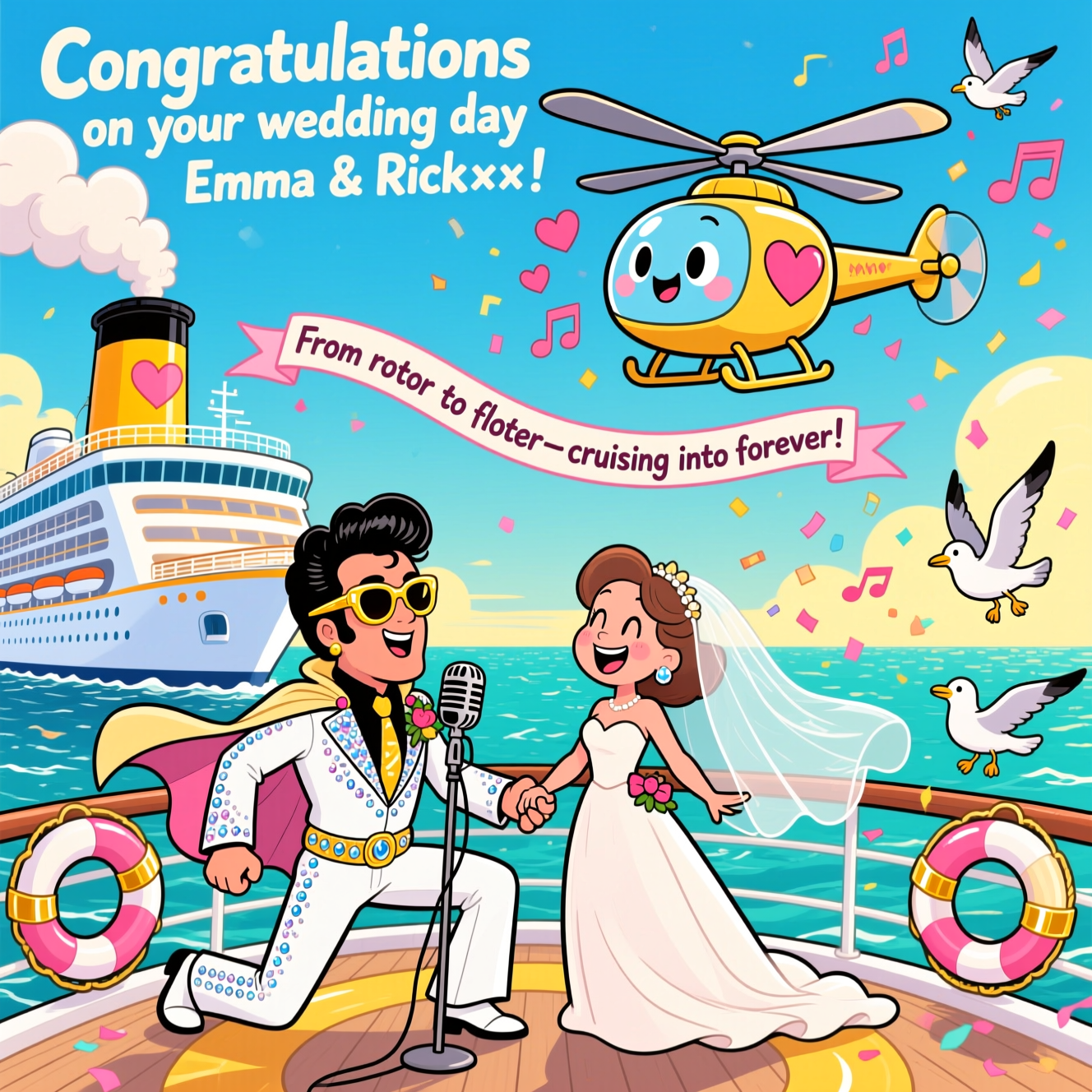 At the top of the Cartoon Style image, "Congratulations on your wedding day Emma & Rick xxx"

Playful cartoon scene on the open sea: a gleaming oversized cruise ship with a bright helipad on deck. Elvis—huge pompadour, white rhinestone jumpsuit, gold sunglasses, and a fluttering cape—officiates with a vintage mic, knees bent in a classic rock ’n’ roll stance. In front of him, the beaming newlyweds hold hands; the bride’s impossibly long veil and the groom’s tie whip comically upward in the rotor wash. Overhead, a cute chunky helicopter (heart-shaped nose, big friendly eyes) hovers, its spinning rotors tossing heart- and music-note confetti. A ribbon banner trailing from the helicopter reads: “From rotor to floater—cruising into forever!” The ship’s smokestack puffs heart-shaped clouds; life rings resemble giant gold wedding bands; bow-tied seagulls cheer and throw confetti. Exaggerated proportions, thick black outlines, bright saturated colors (turquoise sea, sunshine yellow, coral pinks, royal blue), bouncy, energetic poses, glossy highlights and soft comic shading. Big image-first composition, joyful and silly wedding vibe.
Generated with these themes: Elvis, Helicopter , Cruise, and .
Made with ❤️ by AI.