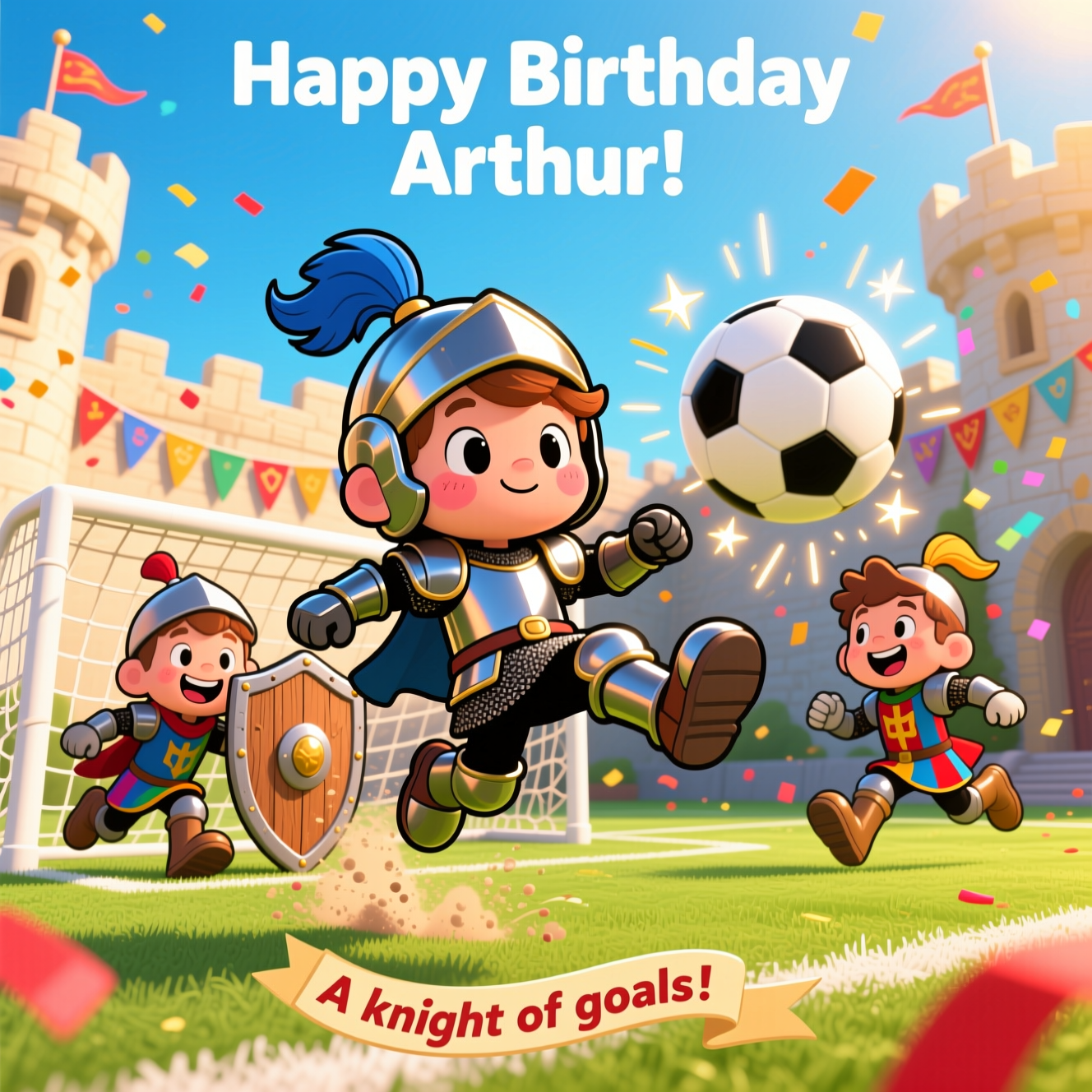 At the top of the Cartoon Style image, Happy birthday Arthur!

Playful, cute cartoon scene in a bright medieval castle courtyard turned into a lively soccer pitch. Center focus: Arthur, a chibi-style kid knight in oversized shiny armor with a bouncing cobalt plume and rosy cheeks, mid-power kick sending a sparkling soccer ball toward a makeshift goal. His two brothers, also mini-knights in mismatched, colorful tabards and chunky boots, one diving as a grinning goalie in front of a wooden shield-and-net goal, the other charging in with energetic, goofy hustle. Exaggerated proportions, thick black outlines, and saturated colors (sky blue, grassy green, candy reds, golds). Add swoosh lines, dust puffs, and star sparkles for motion. Background: castle walls with festive pennant flags and confetti drifting through warm golden sunlight; soft, bouncy shading. Leave clean negative space around the top text; full-bleed vertical composition with a dynamic low angle that makes Arthur feel heroic. Small extra text on a curved ribbon near the bottom: A knight of goals!
Generated with these themes: Knight, Playing with his brothers, Soccer, and .
Made with ❤️ by AI.