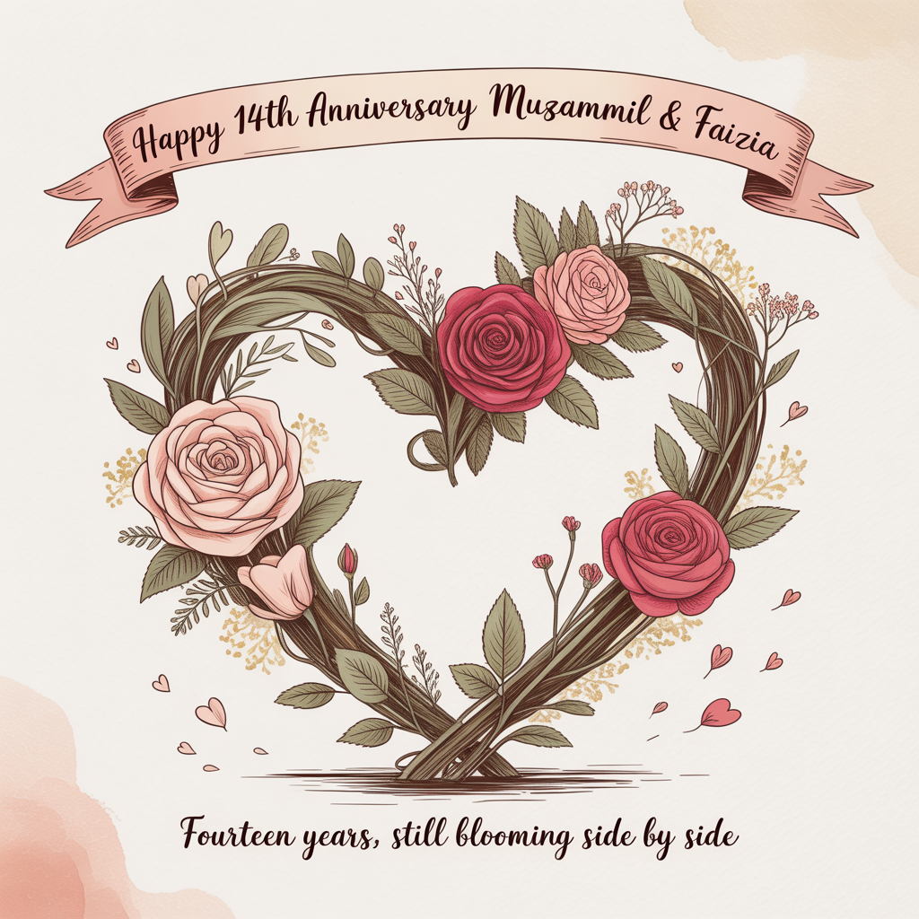 At the top of the Illustration Style image, "Happy 14th anniversary Muzammil & Faizia"

At the bottom of the image, "Fourteen years, still blooming side by side."

- Hand-drawn illustration with fine linework and textured brush strokes on warm ivory paper.
- Centerpiece: a large, balanced heart-shaped wreath woven from intertwined rose stems. Fill it with lush roses in blush pink, deep crimson, and soft coral, accented by delicate sprigs of baby’s breath and tiny wildflowers; leaves in soft sage and olive.
- Subtle gold-ink accents kiss petal edges, leaf veins, and the heart’s contours for a gentle shimmer.
- The headline sits on a soft, flowing ribbon banner along the top, hand-lettered in a warm deep rose with a light gold shadow; the bottom line is a simple, tender script in warm brown, surrounded by drifting rose petals and tiny hand-drawn hearts.
- Background: a faint watercolor wash of blush-to-cream, with barely-there, translucent heart motifs and a gentle vignette that keeps the focus on the wreath.
- Composition is symmetrical and airy, with generous negative space so the text and floral heart feel calm and sincere.
- Overall palette: blush pinks, crimson reds, soft corals, sage greens, creamy ivory, and warm gold accents—warm, expressive, and romantic.
Generated with these themes: Flowers, hearts, roses, and .
Made with ❤️ by AI.