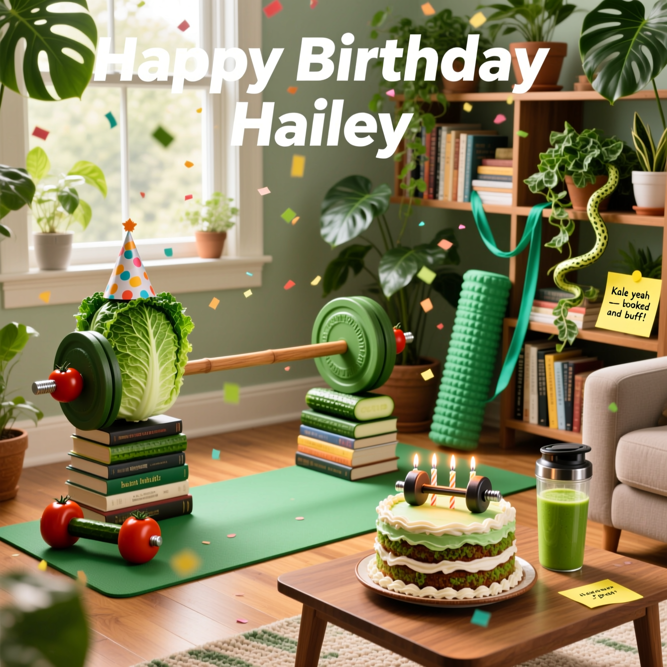 At the top of the Photorealistic picture taken from a camera image, Happy Birthday Hailey

Ultra-high-definition 4K UHD portrait photo, crisp, lifelike textures, accurate natural window light, shallow depth of field. A cozy, sunlit living-room reading nook turned home gym: a jade-green yoga mat on warm wooden floors; a DIY “barbell” made from a wooden dowel with two giant cabbages as weight plates, racked across two sturdy stacks of hardcover books; cucumber dumbbells with cherry-tomato endcaps; a resistance band draped over the bookshelf; a foam roller leaning nearby; a stainless shaker bottle half-filled with vibrant green smoothie. On a low table, a vegan birthday cake disguised as a stack of books with vegan buttercream “pages,” topped with tiny lit candles shaped like mini barbells; a goofy paper party hat perched on one cabbage. Bookshelves overflow with paperbacks and lush potted plants (monstera, snake plant, trailing pothos). Kale-leaf confetti floats midair, frozen sharply, adding celebratory motion.

Camera style: full-frame DSLR look, 35mm lens, f/2.8, ISO 200, 1/250s; eye-level angle; rich depth and soft bokeh. Textures pop: dew on produce, wood grain, frosting swirls, fabric weave of the mat; warm, cozy palette with vivid greens and pops of color. Top message set in a friendly bold white sans-serif, centered with a soft shadow for legibility.

Add one small, cheeky caption as in-world text: a yellow sticky note pinned to the lower-right shelf reading “Kale yeah—booked and buff!” in casual black marker. No other legible text (book spines show non-readable details only). Funny, wholesome, plant-powered vibe.
Generated with these themes: Vegan, books, home fitness, , and .
Made with ❤️ by AI.