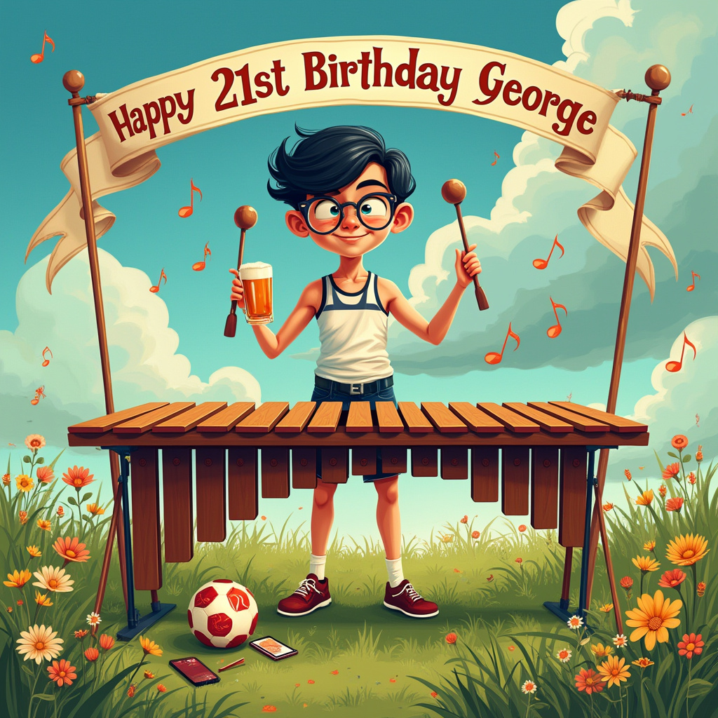 George with round glasses, Playing a huge long marimba, Holding two pints of beer, Playing a set of drums, Black hair, Tottenhams Hotspur FC football, Calling on his smartphone, Happy 21st Birthday banner, and Accompanied by a bikini wearing welsh female orchestra Birthday Card