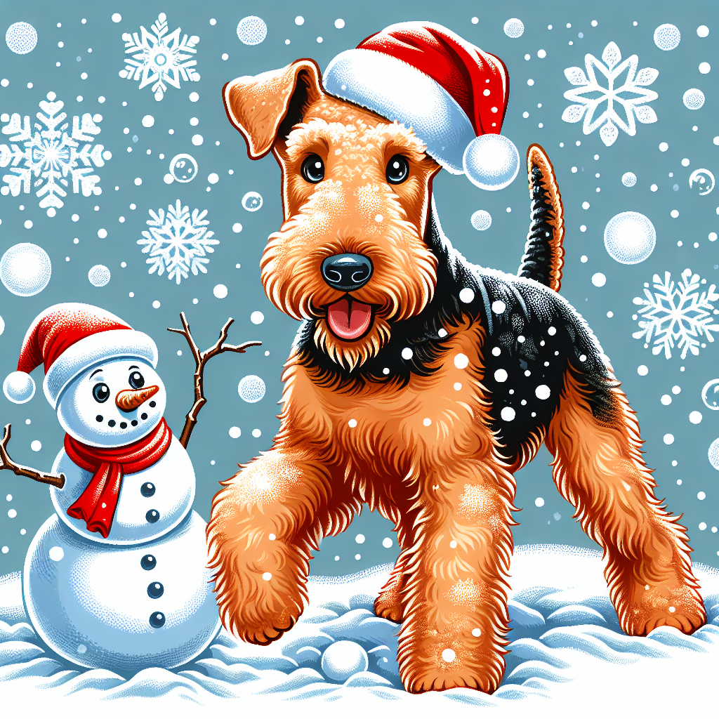 Vector image of an Airedale Terrier frolicking in the snow, with a Christmas cap on and tongue sticking out, as a snowman waves and snowflakes flutter around.
Generated with these interests: Airedale Terrier with Christmas hat running in snow, Snowman, and Snow flakes.
Made with ❤️ by AI.