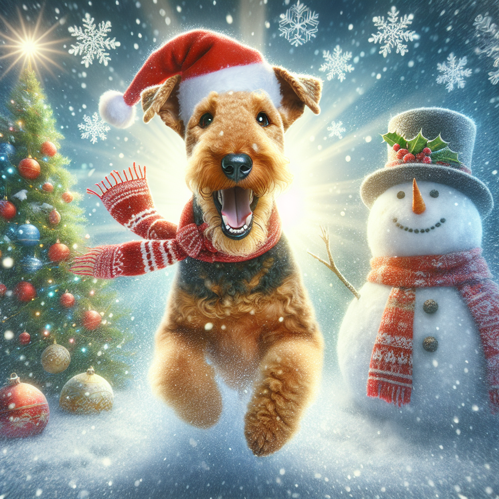 Airedale Terrier with Christmas hat running in snow, Snowman, and Snow flakes Christmas Card