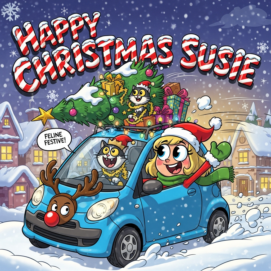 At the top of the Cartoon Style image, “Happy Christmas Susie” in big candy-cane striped bubble lettering with thick black outlines and snowy sparkle accents, gently arched like a festive banner.

A playful, over-the-top cartoon winter scene: front and center a comically tiny, bright-blue C1 city car with goofy reindeer antlers on the roof and a shiny red Rudolph nose on the grille, joyfully fishtailing through fluffy snow. The driver is a blonde-haired woman with huge expressive eyes, rosy cheeks, and a wide grin, wearing a red Santa hat, chunky green scarf, and oversized mittens, one arm enthusiastically waving out the window. From the sunroof pops a black-and-white cat, tangled in gold tinsel and wearing a tiny elf hat, eyes wide with mischief; a small speech bubble reads: “Feline festive!” The roof is stacked with a slightly crooked, snow-dusted Christmas tree and wobbling gift boxes wrapped in bright paper and bows, twinkly string lights wrapped around the car glowing in saturated colors. Background: a cozy snowy village at twilight with candy-colored houses, warm window light, starry sky, and big, fluffy snowflakes; energetic motion lines, swooshes, and exaggerated proportions amplify the comedy. Style: thick black outlines, bright saturated palette, bold cel shading, playful rubber-hose limbs, whimsical and dynamic posing; leave clean sky space around the title for clear readability.
Generated with these themes: C1 blue car,  female blonde hair, black and white cat, and .
Made with ❤️ by AI.