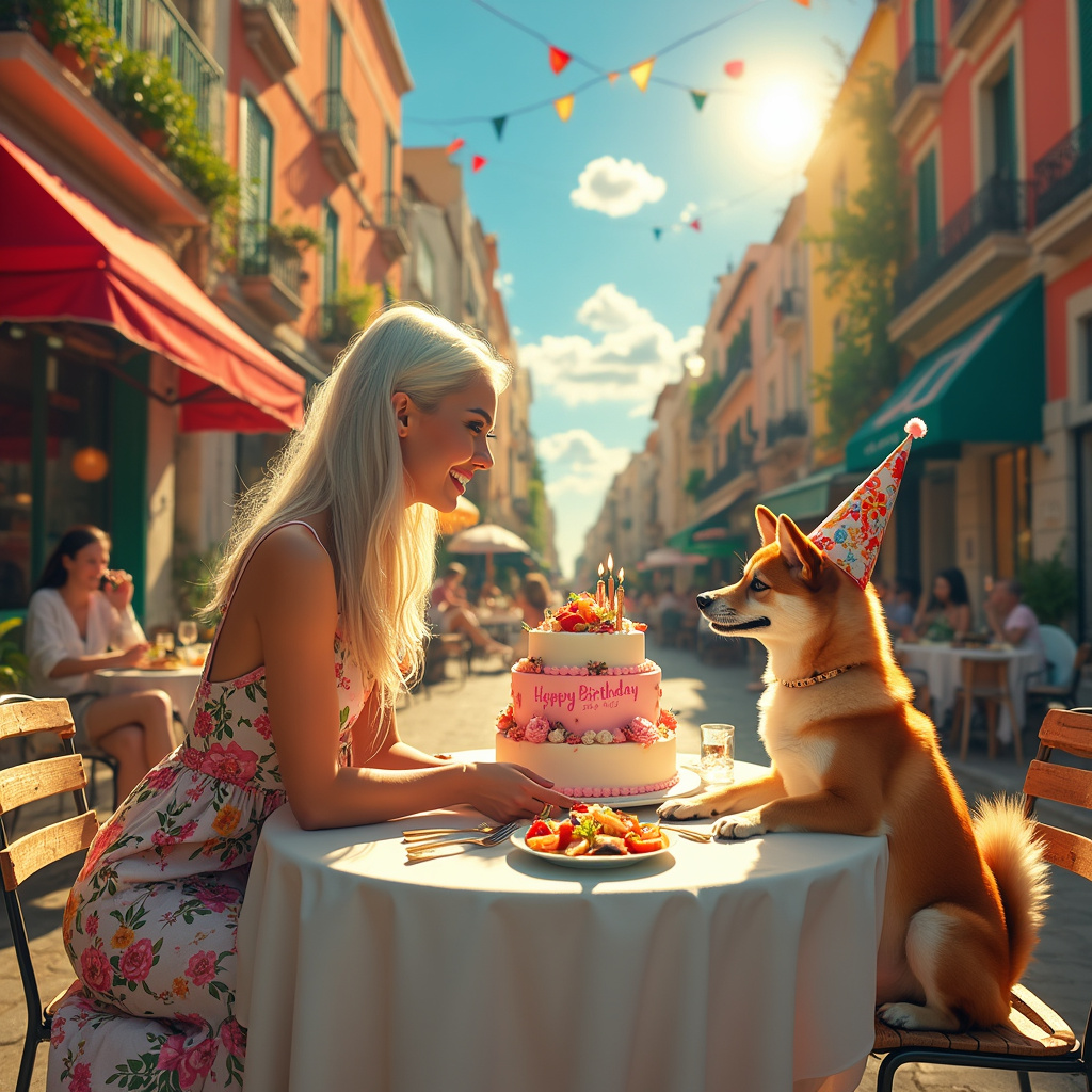 In the vibrant and eclectic heart of Chueca, Madrid, a surrealistic birthday scene unfolds under the radiant summer sunshine. At the center of a bustling, yet quaint outdoor café, a beautifully set table catches the eye. The table, adorned with a crisp white tablecloth, is brimming with an array of colorful, tantalizing Spanish dishes – tapas, paella, and fresh fruit. A stunning birthday cake, a three-tiered masterpiece decorated with edible gold leaf and delicate sugar flowers, stands proudly in the center, with "Happy 44th Birthday, Zoe!" elegantly scripted in delicate cursive on the top tier.

Seated at the table is Zoe, a strikingly beautiful woman with a heart-shaped face, small nose, and long white-blonde thin straight hair cascading down her back. Zoe, dressed in a flowing, long summer dress with vibrant floral patterns, sits in profile with her long limbs gracefully crossed. Her long legs extend beneath the table, giving a sense of effortless elegance. She is smiling, her face radiating joy and contentment as she gazes at the cake.

To Zoe's side, on another chair, sits a charming Shiba Inu, its expressive eyes reflecting the sunny glow of the day. The Shiba Inu, donning a small party hat, looks happily towards Zoe, adding a playful element to the scene. The sunlight casts a warm golden hue over everything, making the entire setting gleam with beauty.

In the background, the iconic architecture of Chueca's colorful buildings forms a picturesque backdrop. Above, the clear, azure sky features whimsical, fluffy clouds that subtly shape themselves into the letters of "Zoe," as if the universe itself is joining in on the celebration.

No banner is present, but the essence of festivity is palpable through the intricate details and lively elements within the scene. This imaginative blend of reality and surrealism captures the joyous occasion, making it a perfect birthday card cover for Zoe.
Generated with these themes: Shiba Inu, Medium build, 44 years old, Long white blond  thin straight hair, Long limbs, Happy 44th Birthday , Table, Birthday cake, Side view of woman, Smiling, Middle aged, Sunny, Beautiful, Long dress, Summer, Sunshine, Chueca Madrid, Food on table, Sat at table, Long legs, No banner, Small nose, and Heart shaped face.
Made with ❤️ by AI.