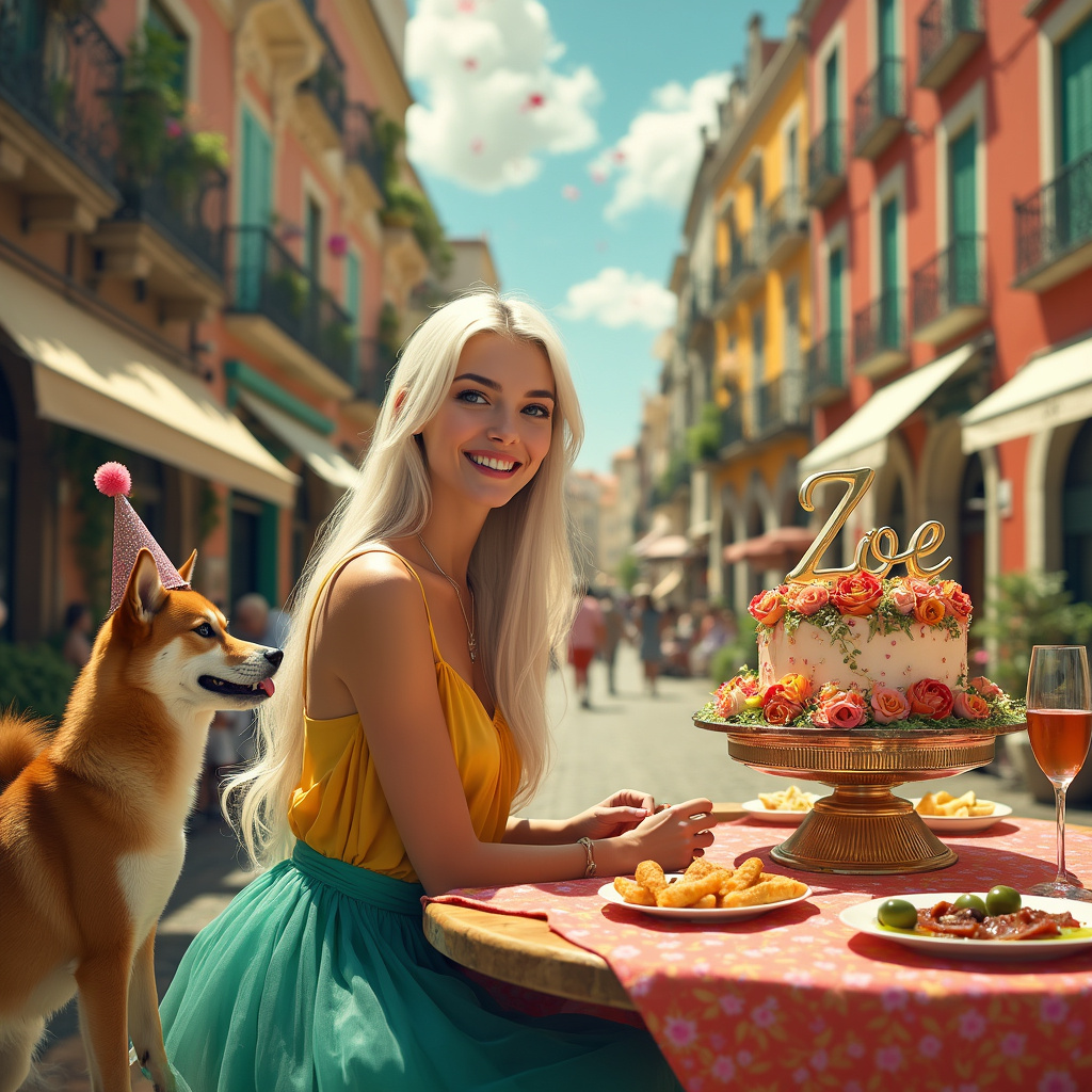 In the enchanting, sun-soaked plaza of Chueca, Madrid, a surreal birthday scene unfolds. The main character, a middle-aged woman with long, white blond, thin straight hair, sits gracefully at a rustic wooden table adorned with a vibrant tablecloth. Her long dress, a cascade of summer colors—turquoise, yellow, and coral—flows elegantly around her long limbs. She has a heart-shaped face and a small nose, and her radiant smile reflects the pure joy of the moment.

To her left, a Shiba Inu with a mischievous glint in its eyes stands on its hind legs, paws gently resting on the table. The dog wears a tiny party hat with "Zoe" written in gold glitter. The table is an explosion of festive food: tapas plates with patatas bravas, jamón, olives, and a lavish birthday cake decorated with intricate sugar flowers. The cake proudly displays "Happy 44th Birthday Zoe" in delicate, swirling script.

The sun shines brightly, casting a golden glow over the entire scene. In the background, the beautiful architecture of Chueca frames the moment. Zoe's name appears whimsically in the sky, spelled out by fluffy, white clouds shaped like balloons. The whole setting feels alive with the warmth and cheer of a perfect summer day. As the woman turns her head in a side view, her eyes meet the Shiba Inu’s, and they both seem to share a secret, joyous understanding of this special day.
Generated with these themes: Shiba Inu, Medium build, 44 years old, Long white blond  thin straight hair, Long limbs, Happy 44th Birthday , Table, Birthday cake, Side view of woman, Smiling, Middle aged, Sunny, Beautiful, Long dress, Summer, Sunshine, Chueca Madrid, Food on table, Sat at table, Long legs, No banner, Small nose, and Heart shaped face.
Made with ❤️ by AI.