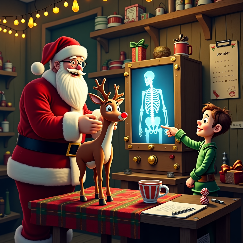 In the heart of a cozy, rustic workshop at the North Pole, an enchanting scene unfolds where Santa Claus, dressed in his iconic red suit trimmed with white fur, stands beside a vintage, wooden-framed X-ray machine. The machine, with its brass knobs and glowing dials, hums softly as it prepares to reveal the inner workings of none other than Rudolph the Red-Nosed Reindeer. Rudolph stands patiently on a red and green plaid blanket, his nose glowing brightly, casting a warm red hue over the room. His antlers are adorned with tiny silver bells that jingle softly whenever he shifts. The walls of the workshop are lined with shelves filled with tools and little trinkets—a mix of toy parts and holiday decorations. In one corner, a plump, steaming mug of hot cocoa with a candy cane stirrer rests on a workbench, alongside a partially wrapped present with shiny gold paper and a big red bow. Above them, strings of twinkling fairy lights loop around the rafters, adding a magical sparkle to the scene. On a nearby wall, a calendar is flipped open to December, marked with cheerful drawings of candy canes and holly. The X-ray machine's screen, surprisingly modern amidst the vintage setup, displays an amusing image of Rudolph's skeletal structure with a playful animation showing a twinkling bulb where his nose should be. Santa, with his glasses perched on the tip of his nose, chuckles heartily, pointing to the screen, while a small elf, wearing a green outfit with peppermint-striped leggings, takes notes on a clipboard, ensuring Rudolph is ready for his Christmas Eve duties.
Generated with these themes: X-ray machine, and Santa taking x-ray of rudolph reindeer.
Made with ❤️ by AI.