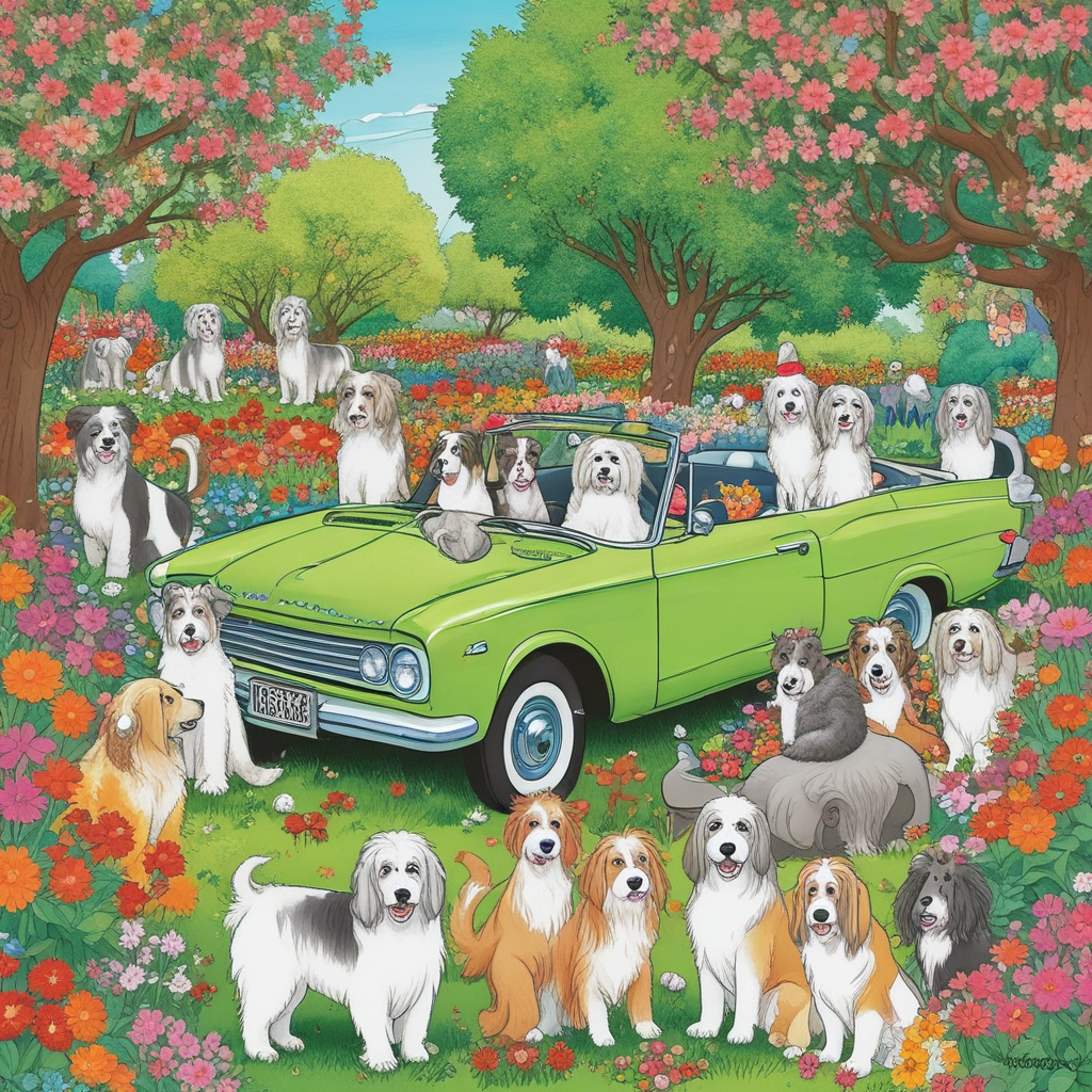 Bearded collies, Aston martin rapide, garden, biking Birthday Card